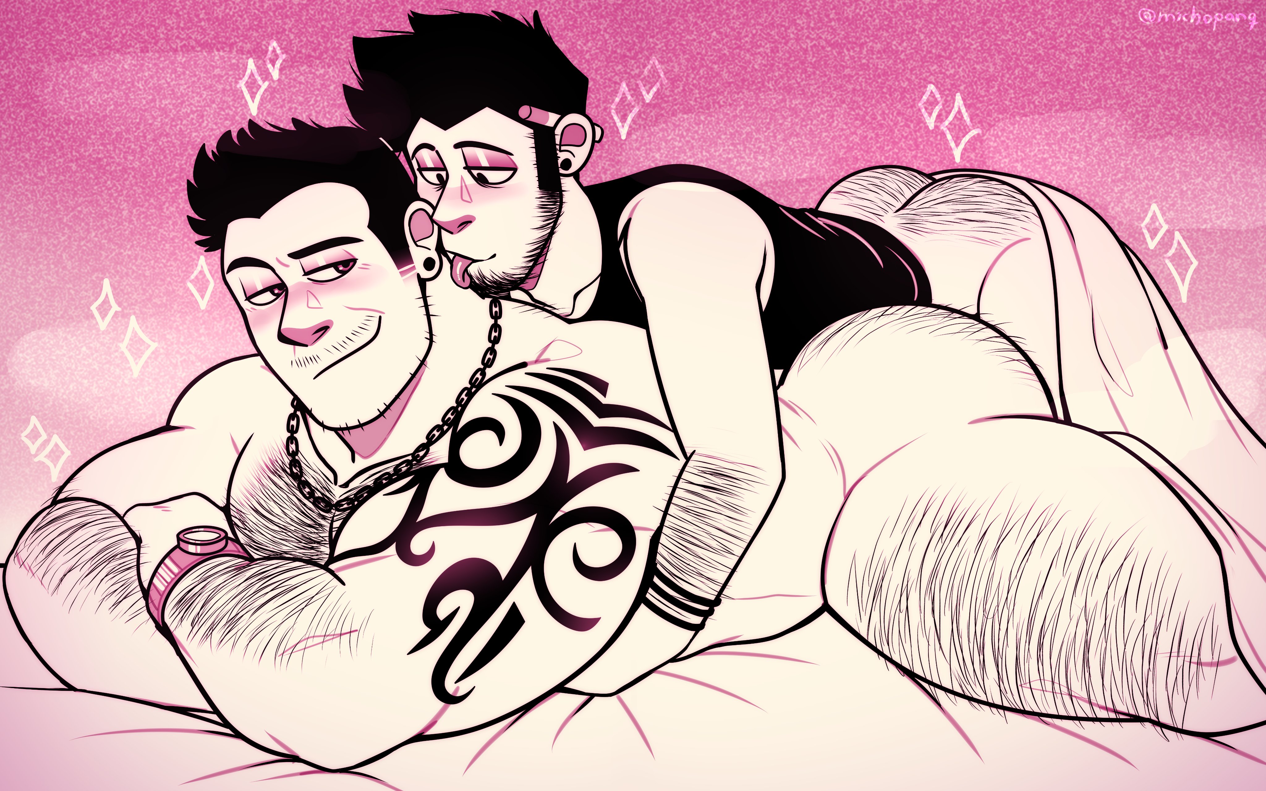 ass, bara, big ass, bigger penetrated, blush, bubble ass, bubble butt, couple, couple (romantic), gay, hairy male, licking neck, male, michopanq, muscular, muscular male, older sub younger dom, on bed, on top of another, original characters, skinny male, small dom big sub, small top big bottom, smaller penetrating, smaller penetrating bigger, tattooed arm, tongue, tongue out, twink top, twink topping daddy, twink topping jock, yaoi, younger dom older sub