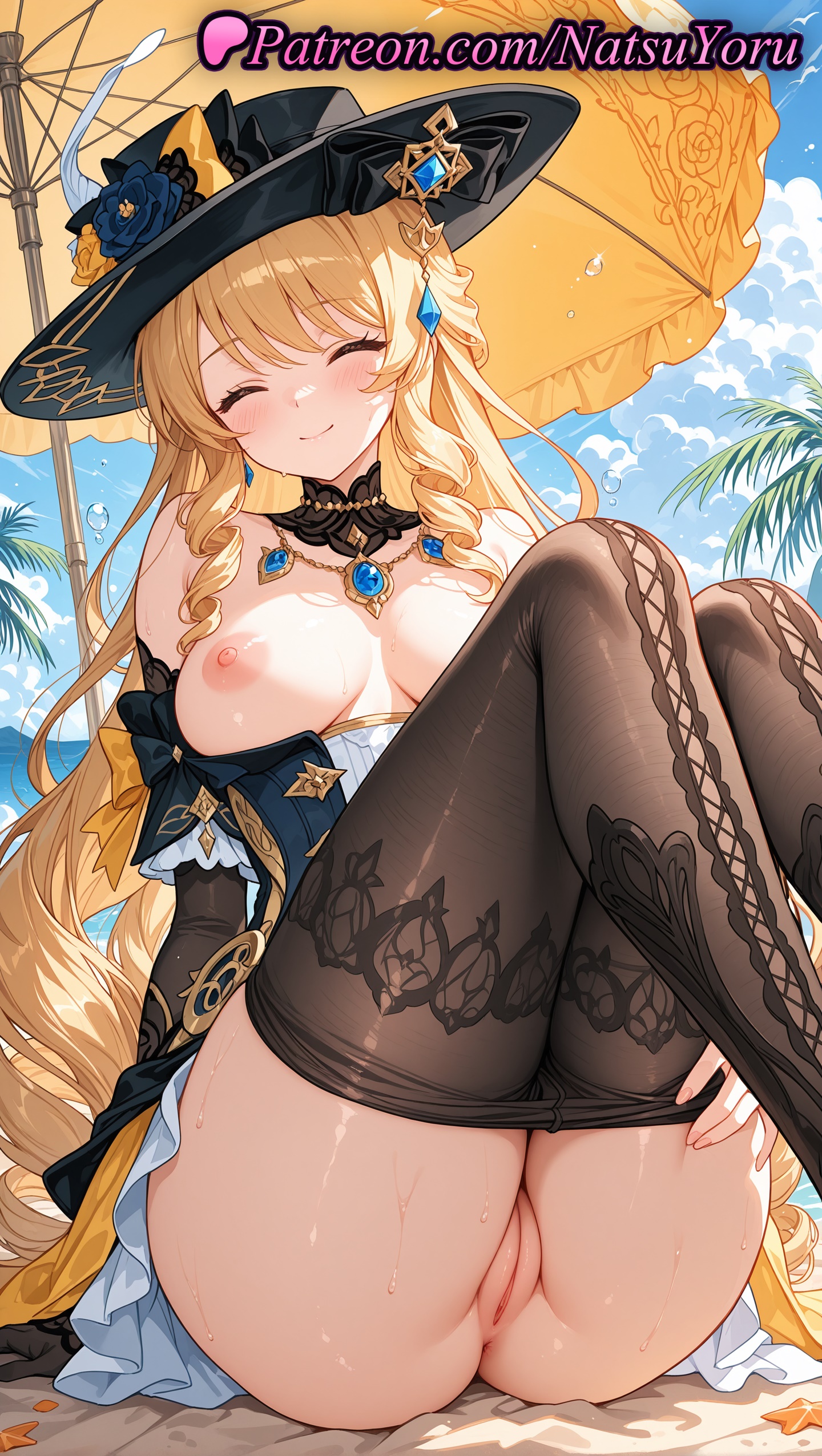 1girls, 2025, ai assisted, ai generated, anime, anime style, bangs, bare shoulders, black headwear, black pantyhose, blonde hair, blue sky, blush, breasts, closed eyes, closed mouth, clothes pull, dress, dress pull, drill hair, drill sidelocks, female, genshin impact, hat, hi res, high quality, high resolution, highres, hoyoverse, jewelry, large breasts, long hair, mihoyo, mihoyo technology (shanghai) co. ltd., natsuyoru, navia (genshin impact), nipples, outdoors, pantyhose, pantyhose pull, patreon, pussy, sidelocks, sitting, smile, solo, stable diffusion, thighs, umbrella, vagina, voluptuous, voluptuous female