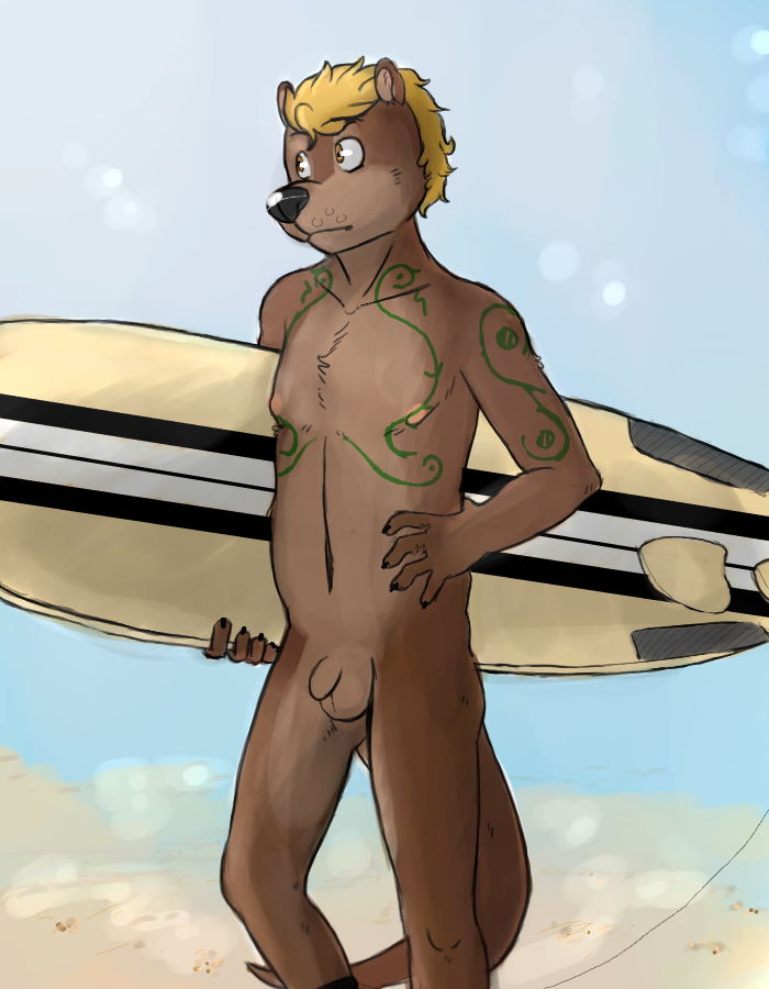 arm_tattoo beach black_nose blonde_hair brown_body brown_eyes brown_fur casual_nudity chest_tattoo fur green_tattoo hair lens_flare looking_away male mammal mustelid nipples nude otter outside p_rindustries sea solo standing surfboard tattoo water