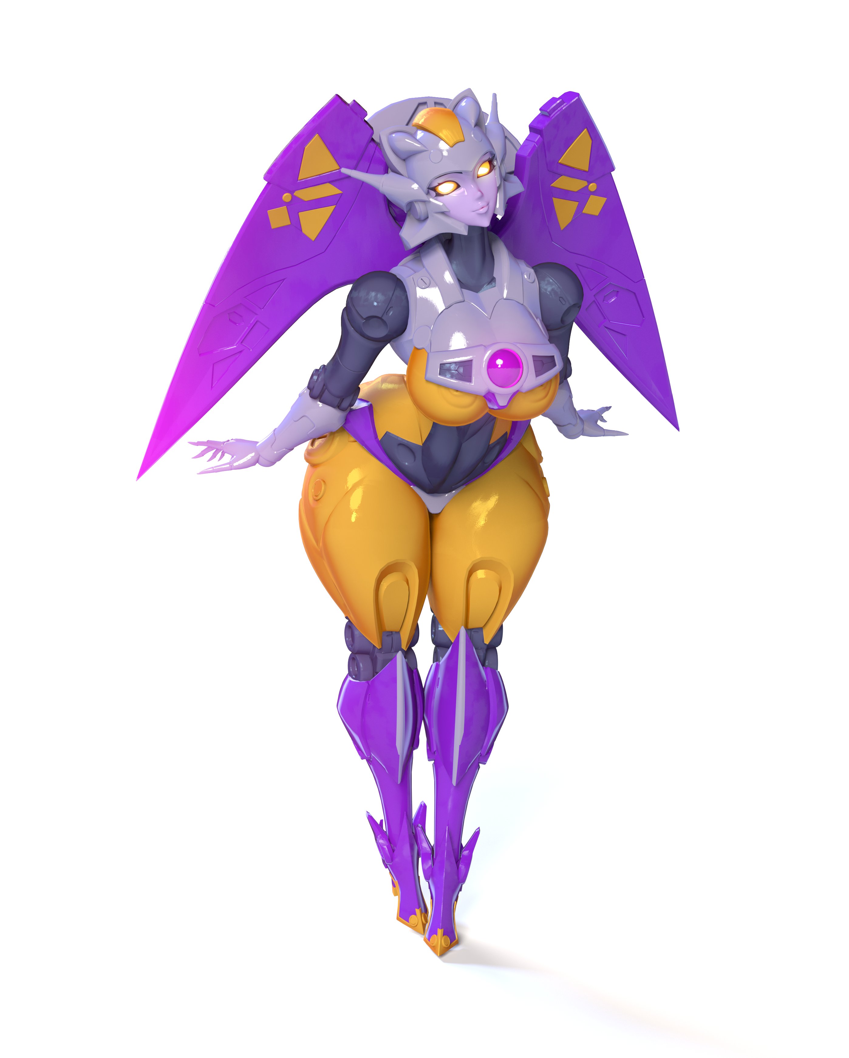3d, barely visible nipples, big breasts, breasts, cybertronian, decepticon, female, fembot, machine, machine girl, purple arms, purple legs, robot, robot girl, solo, thick thighs, thunderblast, transformers, transformers cybertron, trawert, yellow body