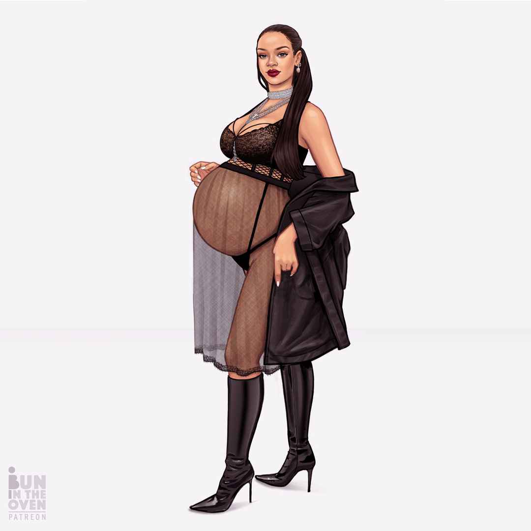 1girls, belly, big belly, big breasts, breasts, bunintheoven, celebrity, female, high heel boots, pregnant, rihanna, solo, solo female, tan skin, tan-skinned female