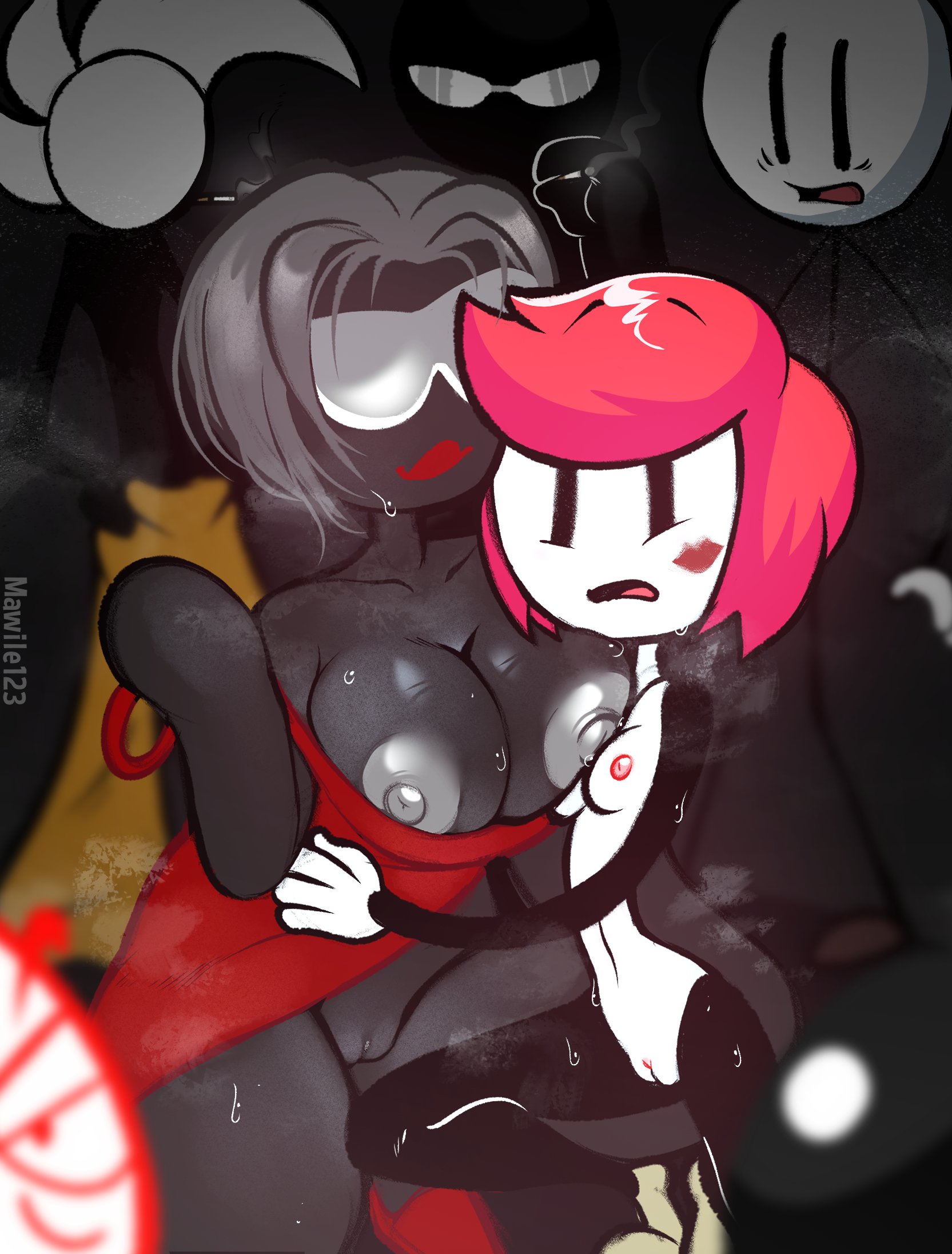 2girls, 5boys, baggy pants, big breasts, breasts, cigarette, concerned look, dick figures, dress, ellie rose, embarrassed, fancy pants man, female, henry stickmin, henry stickmin (game), lesbian, lipstick, lipstick mark, looking at viewer, male, mawile123, multiple boys, multiple males, nipples, nude, orange pants, pussy, red (dick figures), red hair, red lipstick, shades, shorty (sift heads), sift heads, smug, smug face, squatting, squatting position, stick figure, stickman, stickwoman, sweat, sweat clouds, sweatdrop, sweaty body, the fancy pants adventures, thick thighs, thighs, vinnie (sift heads), yuri