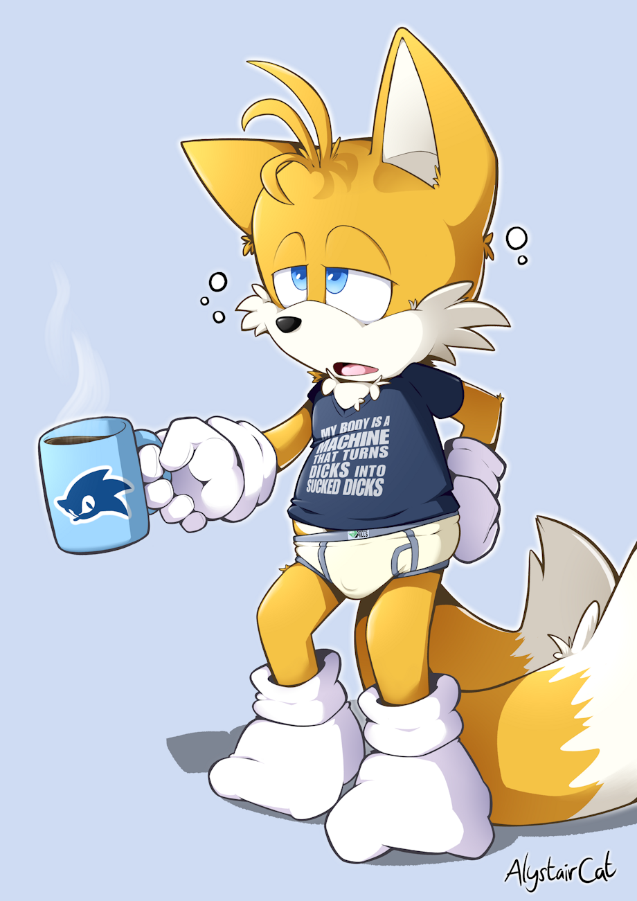 1boy alystaircat anthro blue_eyes briefs bulge canine cheek_tuft chest_fur chest_tuft coffee coffee_mug cub footwear fox fur gloves handwear male male_cub male_only morning open_mouth shirt sleepy socks solo sonic_(series) sonic_the_hedgehog_(series) steam t-shirt tails tails_the_fox text tighty_whities tired tired_eyes underwear white_footwear white_fur white_gloves white_handwear white_socks white_underwear yellow_body yellow_fur young