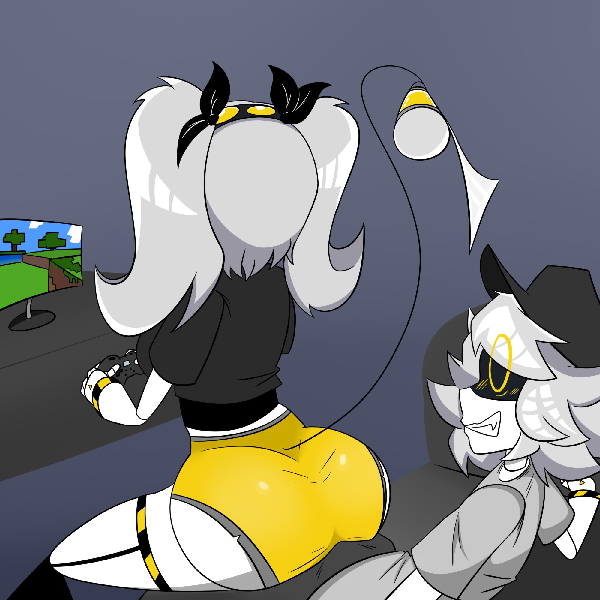 1boy, 1girls, 2023, alternate version available, android, ass, ass focus, biggestfanart, bulge, bulge through clothing, duo, duo focus, female, female/male, femdom, gaming, glitch productions, grinding, grinding on penis, grinding through clothes, gynoid, hot dogging, j (murder drones), male, male/female, minecraft, murder drones, n (murder drones), no dialogue, nonpenetrative sex, penis, robot, robot boy, robot girl, robot humanoid, robot joints, robotic legs, sitting on penis, sitting on person, white hair, yellow eyes
