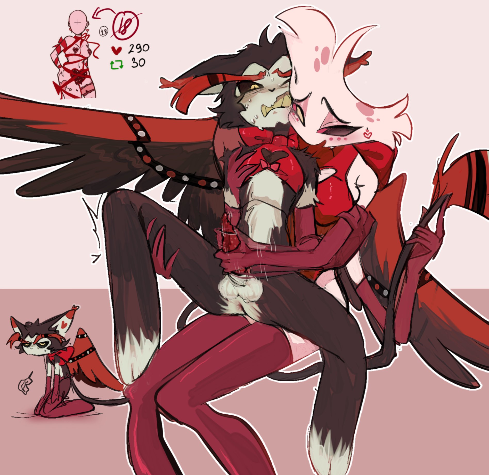 2boys, angel dust (hazbin hotel), anthro, anthro on anthro, artist request, cat humanoid, femboy, gay, gay male, handjob, hazbin hotel, husk (hazbin hotel), jerkingoff another, looking at partner, male, male only, masturbating other, motion lines, penis, tagme, tail grab, wings