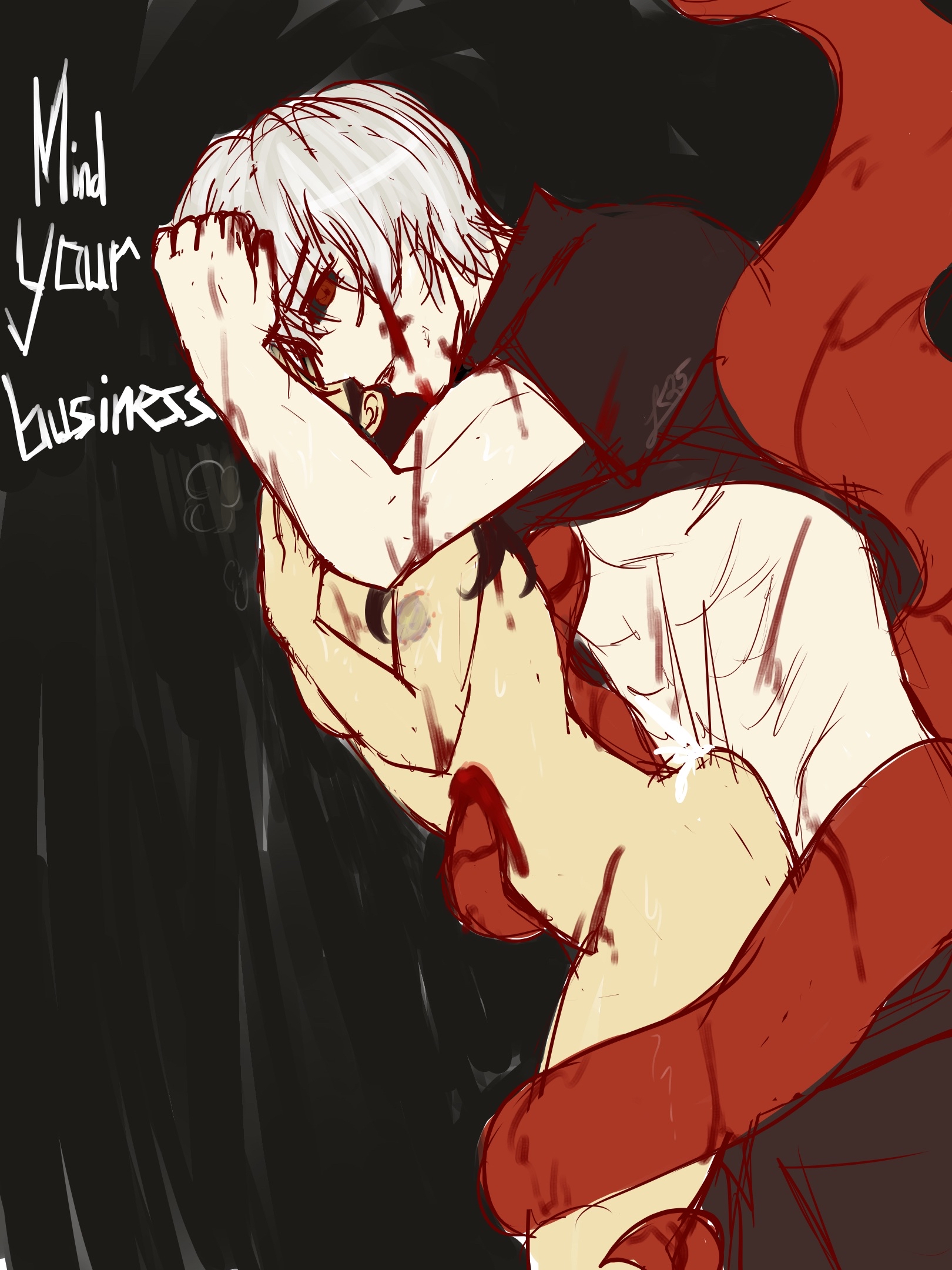 1boy, 1girls, anonymous female, blood on face, deadlyurges, female, kagune, kaneki ken, male, pinned down, raped, straight, tentacle, tentacle sex, tokyo ghoul