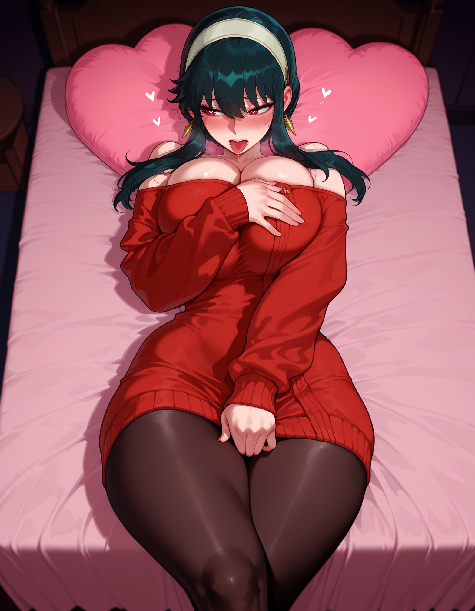 1girls, ai generated, balecxi, bangs, bare shoulders, bed, bed sheet, black hair, black legwear, black pantyhose, blush, breasts, cleavage, clothing, curvaceous, curvaceous female, curvaceous figure, curvy, curvy figure, dress, earrings, female, female focus, female only, gold earrings, hairband, headwear, heart, heart-shaped pillow, huge breasts, imminent sex, indoors, inviting, inviting to sex, jewelry, large breasts, legwear, light skin, light-skinned female, long hair, long sleeves, lying, off shoulder, off-shoulder sweater, on back, on bed, open mouth, pantyhose, pillow, red eyes, red sweater, seductive, seductive look, sidelocks, smile, solo, spy x family, sweater, sweater dress, thick thighs, thighs, tongue, tongue out, voluptuous, voluptuous female, white hairband, yor briar, yor forger