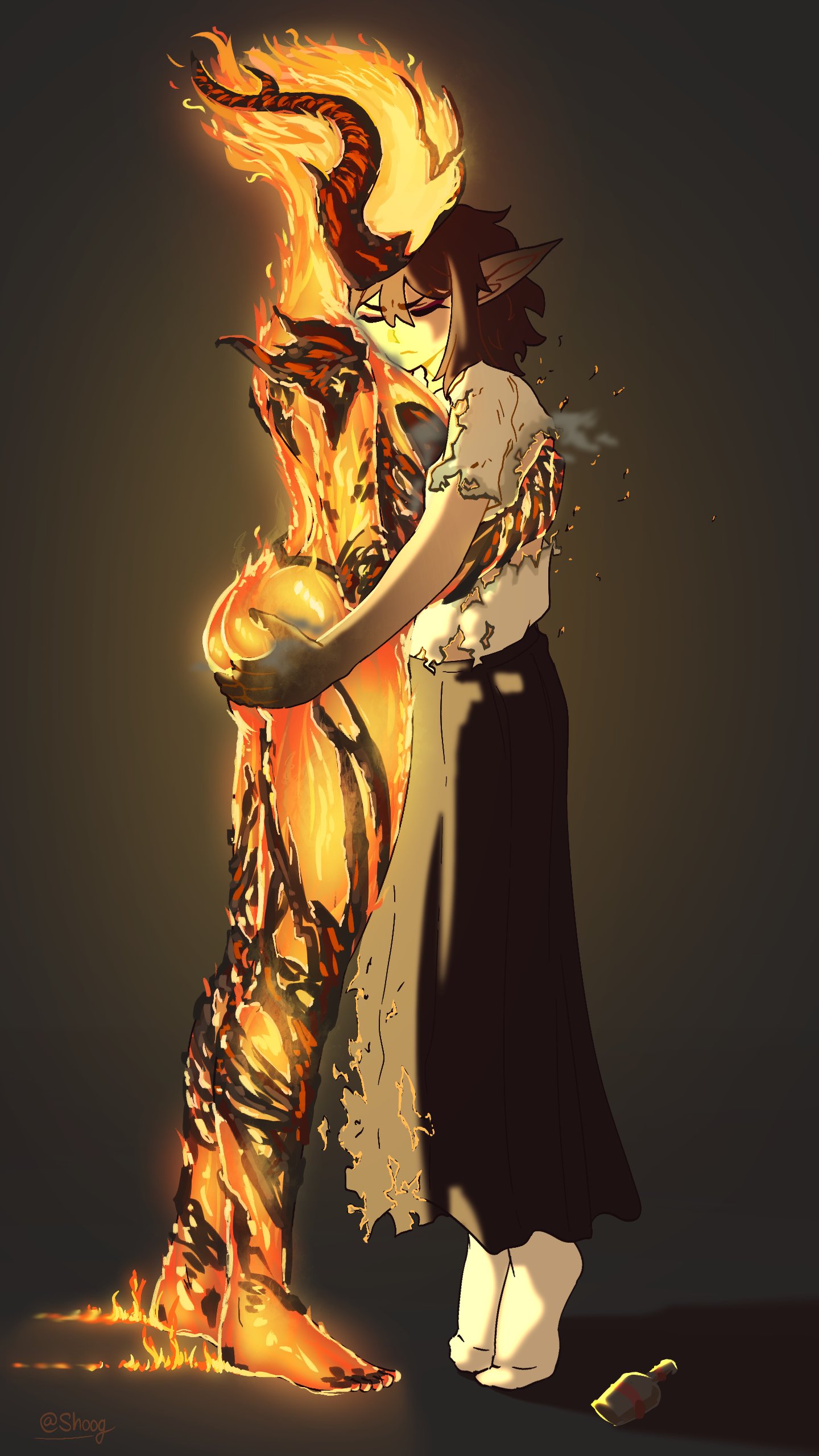 2girls, black skirt, bottle, brown hair, burnt clothes, daedra, female, flame atronach, from side, grabbing another's ass, gradient background, groping, horns, hug, long skirt, multiple females, multiple girls, oblivion, pointy ears, shoog, socks, standing, the elder scrolls, the elder scrolls iv: oblivion, tiptoes, torn clothes, yuri