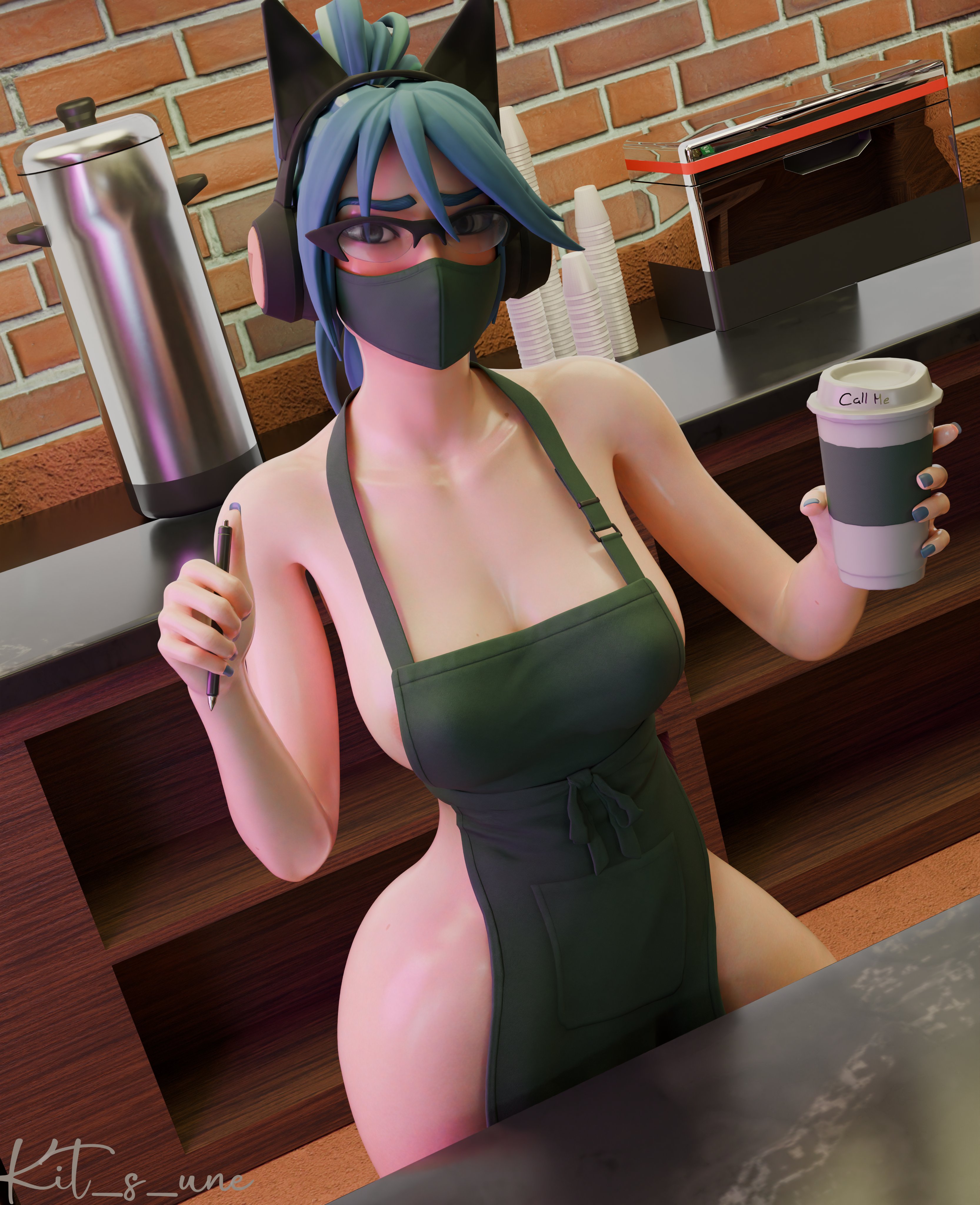 1girls, 3d, 3d (artwork), barista, blue eyes, blue hair, blue nail polish, blue nails, blue-haired female, coffe, coffee cup, coffee shop, female, female focus, female only, fortnite, fortnite: battle royale, heroic hope (fortnite), hope (fortnite), kit s une, solo, solo focus