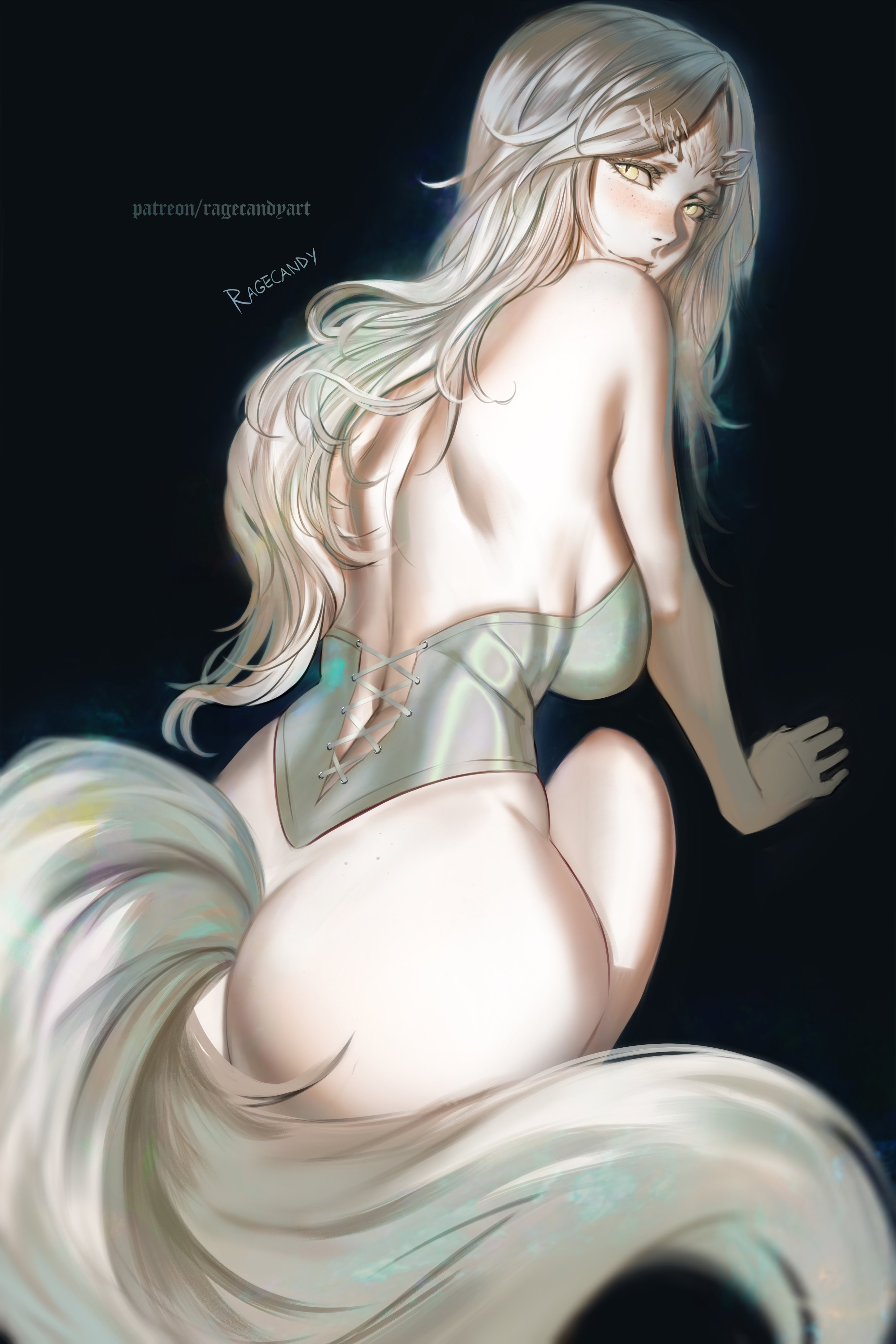 1girls, ass, back, back view, big ass, big butt, crossbreed priscilla, dark souls, dragon girl, dragon horns, fat ass, female, female only, fluffy tail, fromsoftware, half dragon, horns, huge ass, huge butt, large ass, large thighs, light skin, light-skinned female, pale skin, pale-skinned female, ragecndy, royal, royalty, silver hair, tagme, tail, thick, thick ass, white hair
