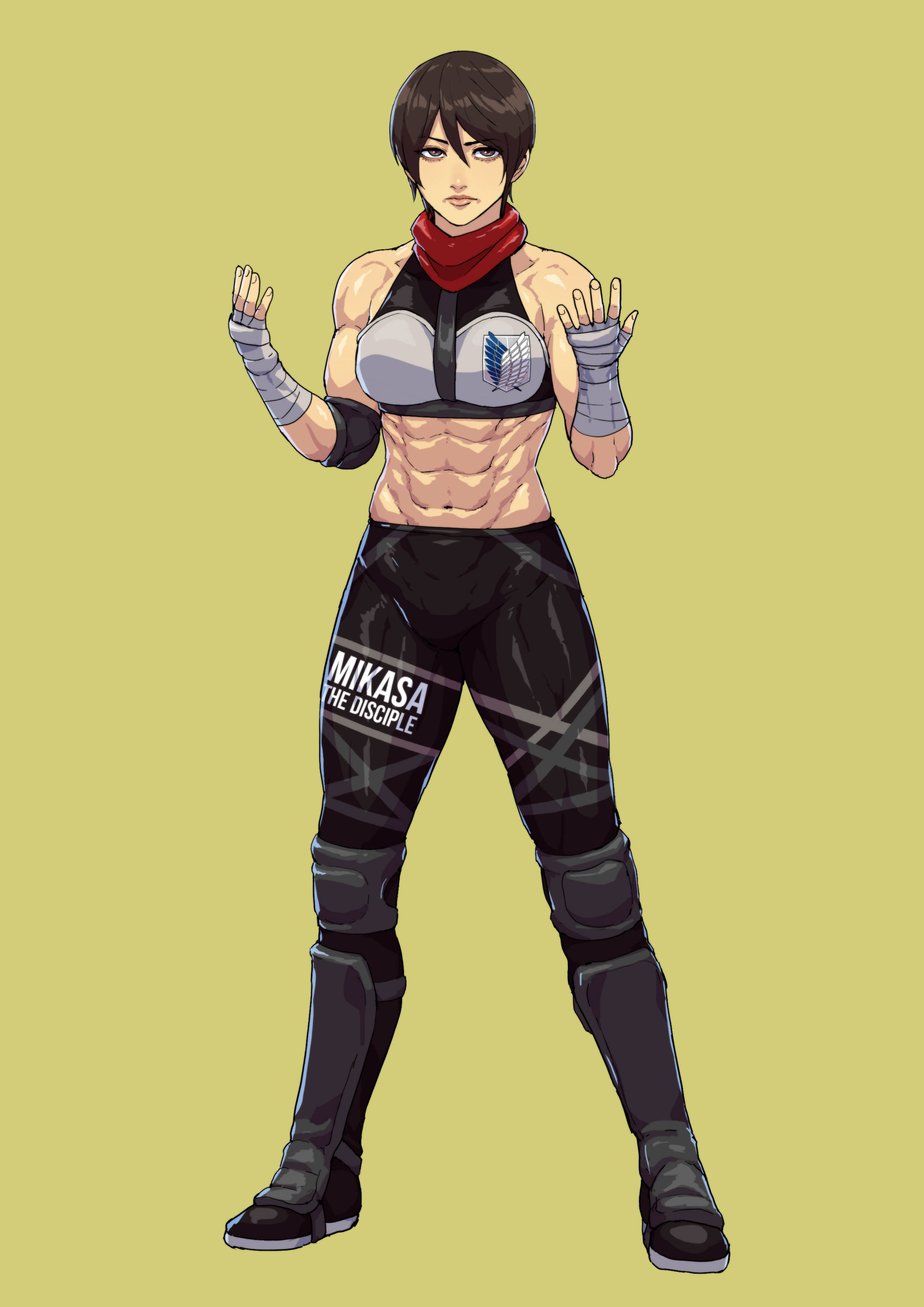 1girls, abs, attack on titan, cirenk, female, female only, fully clothed, looking at viewer, mikasa ackerman, muscular, muscular female, shingeki no kyojin, short hair, solo