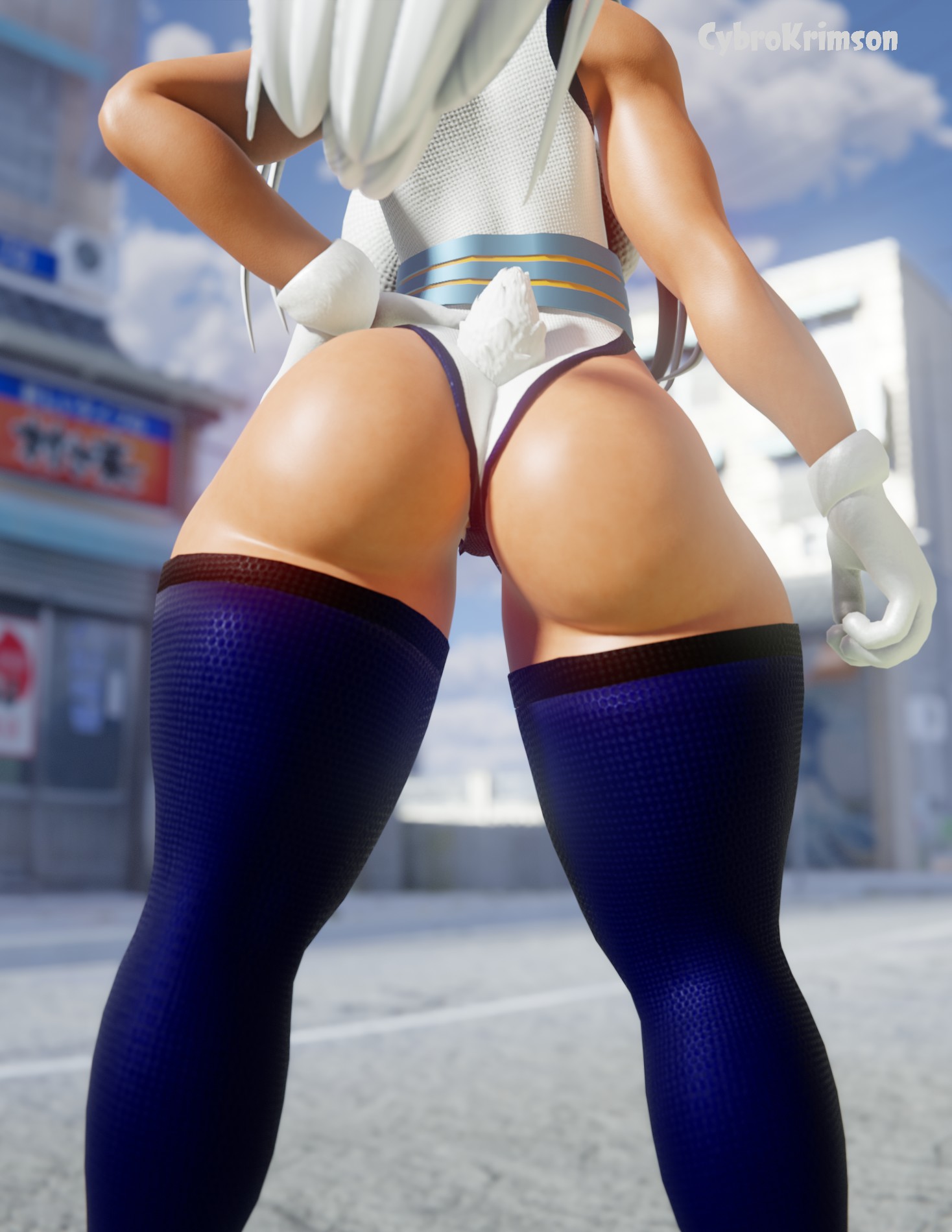 3d, ass, ass focus, big ass, blender, boku no hero academia, booty, cybrokrimson, dark skin, dark-skinned female, female, gloves, hero, leotard, mirko, miruko, my hero academia, rabbit girl, rabbit humanoid, rabbit tail, rumi usagiyama, spandex, superheroine, thick thighs, usagiyama rumi, white gloves, white hair, white-haired female