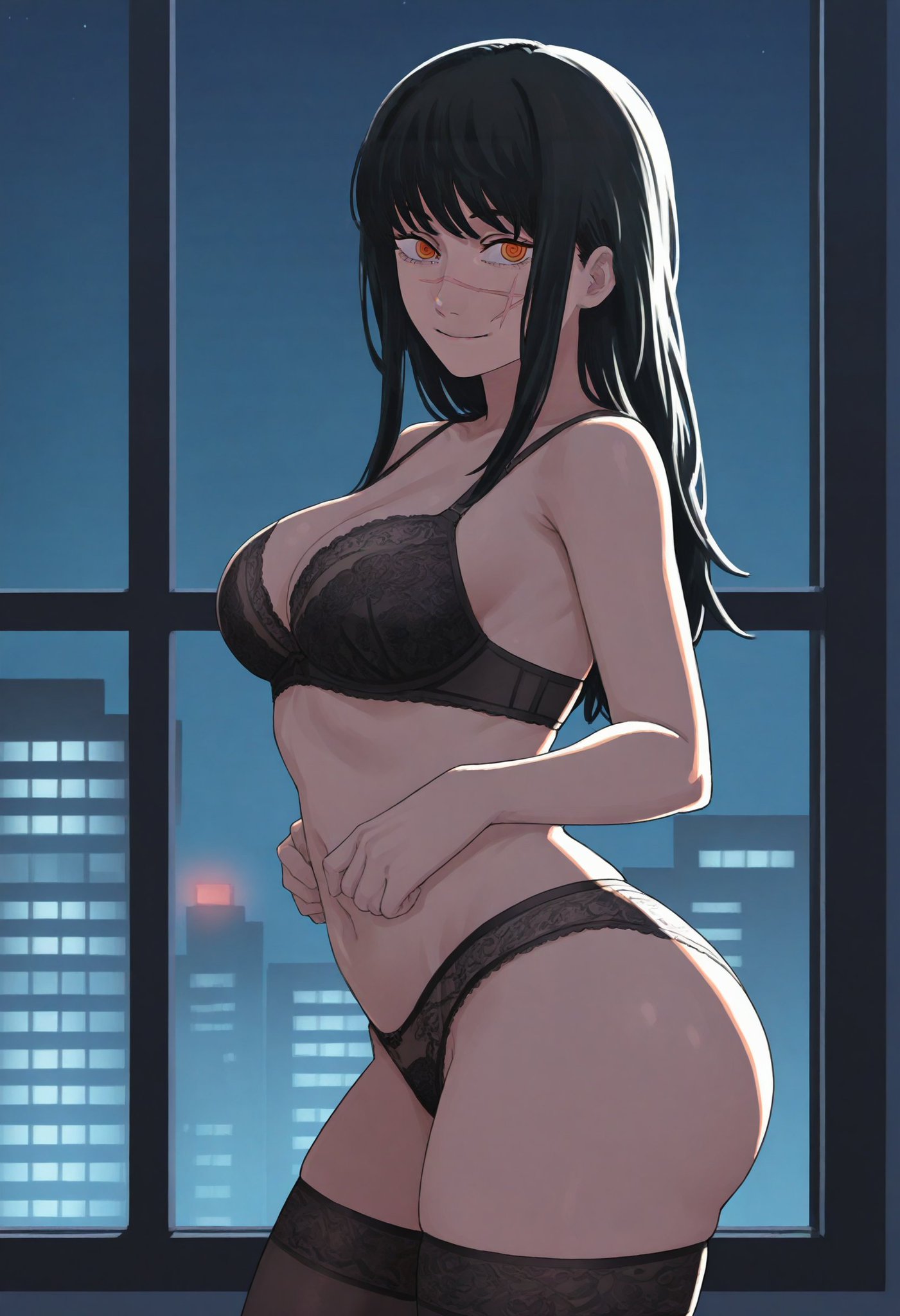 ai generated, ass, big ass, black bra, black hair, black panties, bra, chainsaw man, demon, demon girl, female, female focus, heterosexual, looking at viewer, mitaka asa, orange eyes, orange pupils, panties, scar, scar on face, thick thighs, voluptuous, voluptuous female, yoru (chainsaw man)