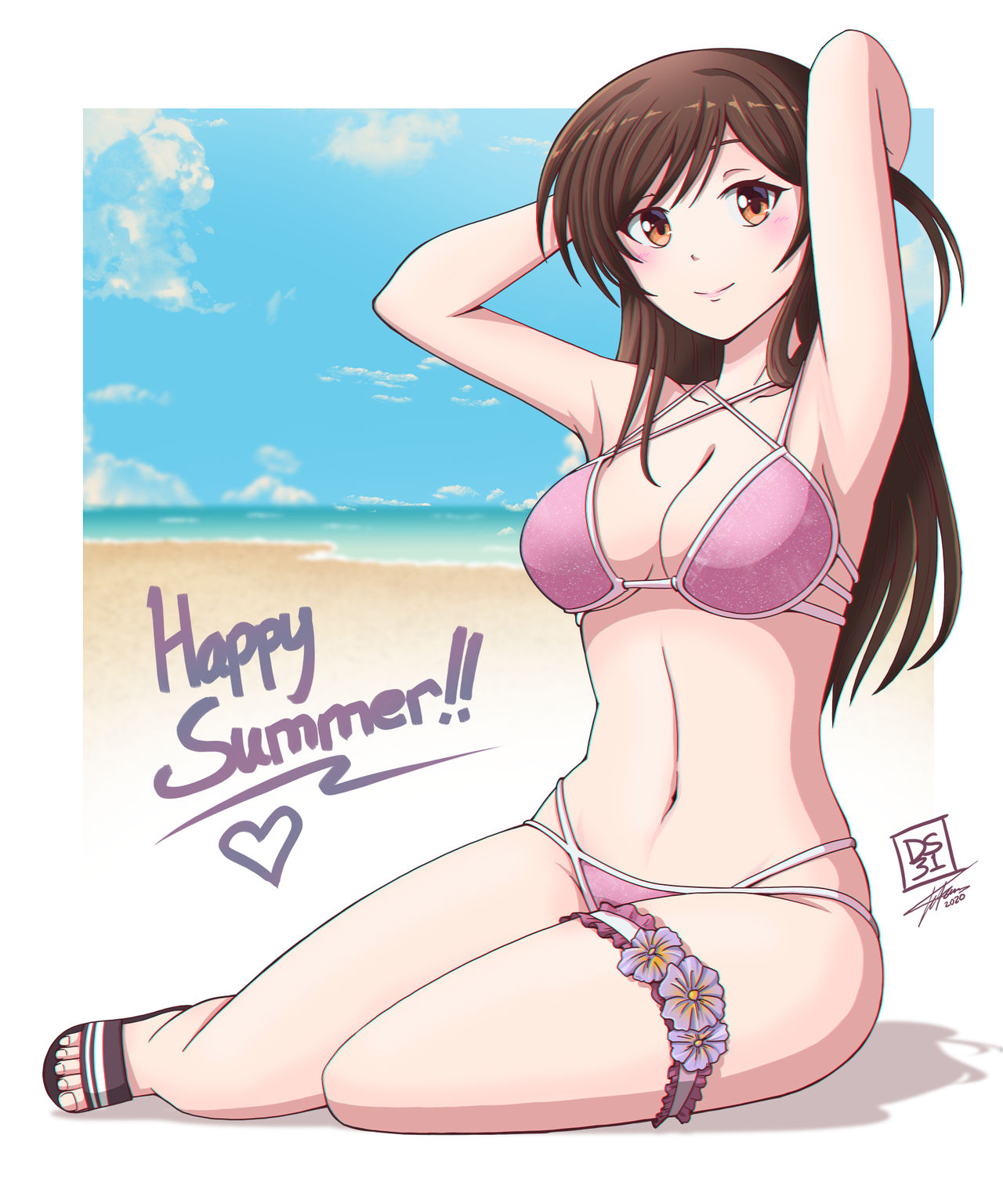 1girls, armpits, arms behind head, artist name, beach, big breasts, bikini, blush, breasts, brown eyes, brown hair, busty, cleavage, english text, feet, female, female only, heart, highres, kanojo okarishimasu, large breasts, legs, long hair, looking at viewer, mizuhara chizuru, navel, pink bikini, pose, posing, sandals, sensual, smile, solo, spherab31, swimsuit, thighs