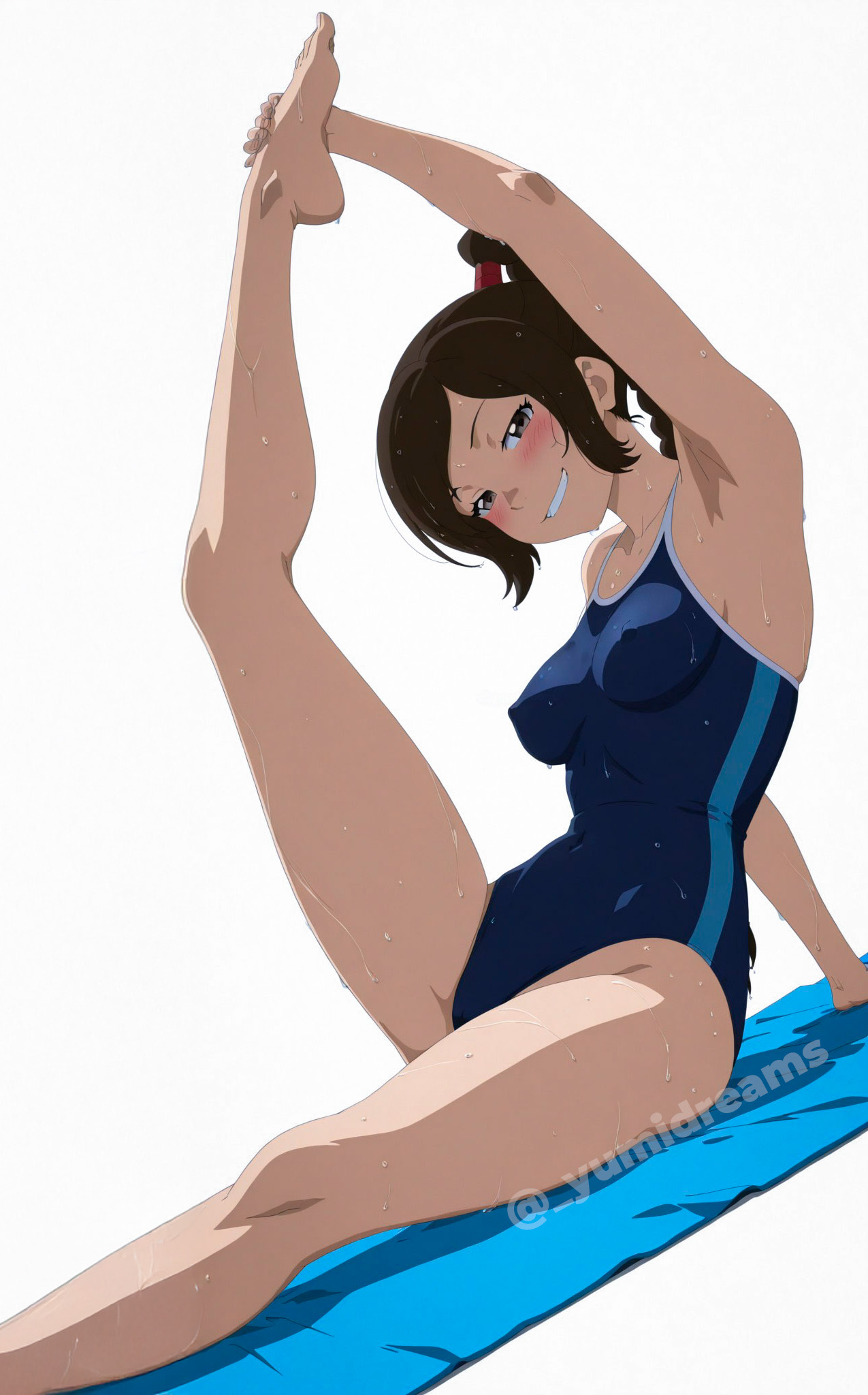  yumidreams, 1girls, accurate art style, ai generated, arm support, armpits, avatar legends, avatar the last airbender, backwards leg, bad anatomy, barefoot, brown eyes, brown hair, contortion, contortionism, erect nipples, erect nipples under clothes, female, female only, hard nipples, high resolution, highres, holding leg, holding leg up, one-piece swimsuit, ponytail, posing, posing for picture, posing for the viewer, smirk, smirking, smirking at viewer, solo, swimsuit, thick thighs, ty lee, watermark, wet, wet body, wet skin