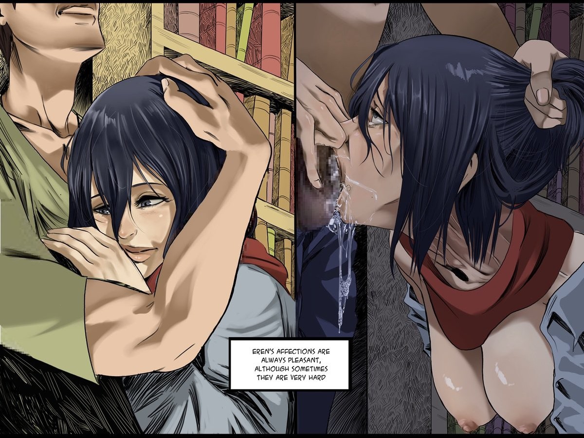 1boy, 1girls, 2d, all the way to the base, attack on titan, blowjob, breasts, censored, clothed, cuddling, dabumart, deepthroat, deepthroat no hands, english text, eren jaeger, fellatio, female, hair pull, male, mikasa ackerman, nose pinch, open clothes, oral, penis, rough, rough oral, saliva, scarf, shingeki no kyojin, sometimes like this also like that, throat bulge