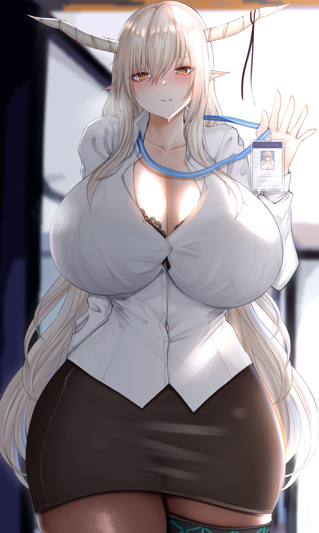 1girls, 2022, arknights, black bra, blush, bra, breasts, button gap, chomikuplus, cleavage, clothed, clothed female, female, female only, hi res, hips, horns, huge breasts, indoors, long ears, long hair, looking at viewer, massive breasts, name tag, naughty face, office, office lady, one thighhigh, pointy ears, shining (arknights), short skirt, skirt, slim waist, smile, straining buttons, thick thighs, thighs, white hair, wide hips, yellow eyes, zettai ryouiki