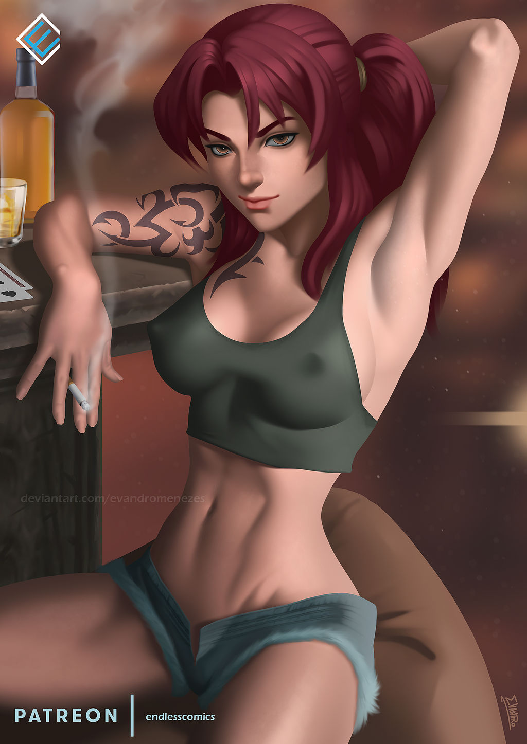 1girls armpit black_lagoon brown_eyes cigarette evandromenezes female female_only fit_female large_breasts looking_at_viewer midriff nipples_visible_through_clothing purple_hair revy short_shorts solo tattoo