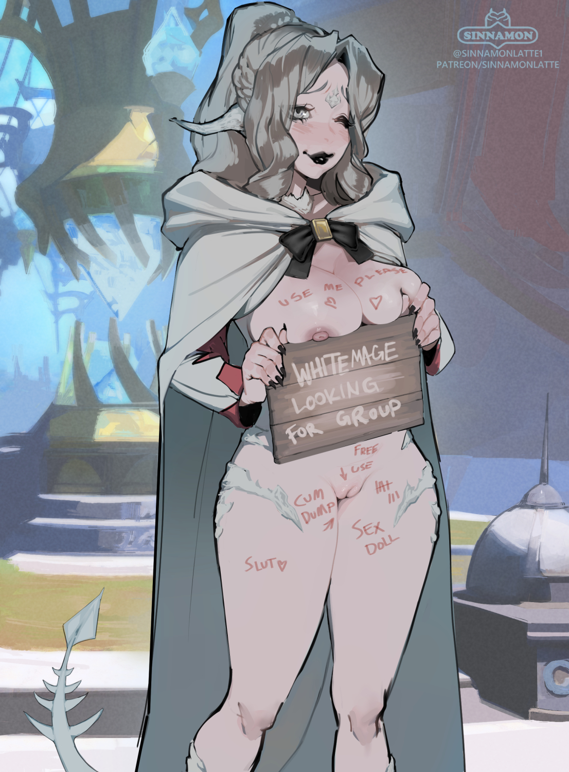 au ra, black lipstick, black nails, body writing, breasts, female, final fantasy, final fantasy xiv, horns, nervous smile, nude, nude female, pussy, scales, sign, sinnamonlatte, sinnamonlatte1, square enix, tail, white eyes