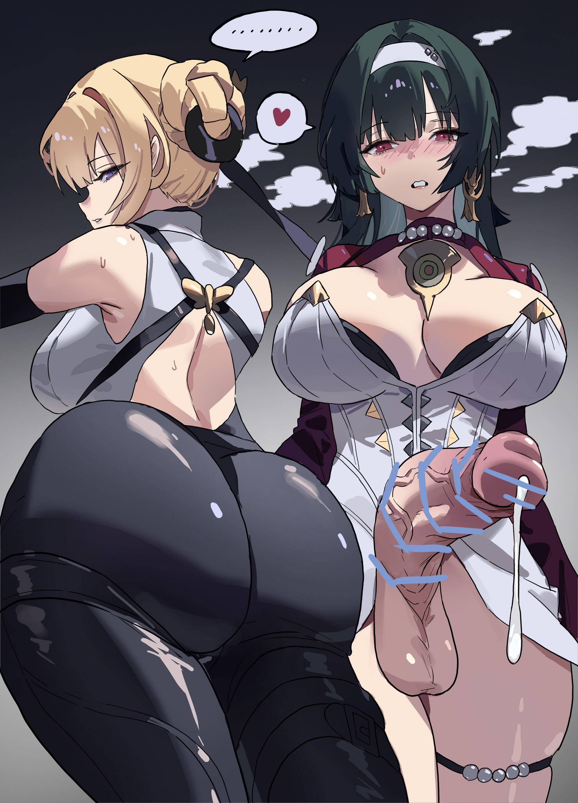 1futa, 2girls, ass, astra yao, balls, big breasts, big penis, black hair, blonde hair, breasts, censored, clothed, clothing, erection, evelyn chevalier, fat ass, female, futa on female, futanari, huge ass, huge breasts, huge cock, human, intersex, kyuri yaki, light skin, light-skinned futa, mostly clothed, penis, precum, tight clothing, veiny penis, zenless zone zero