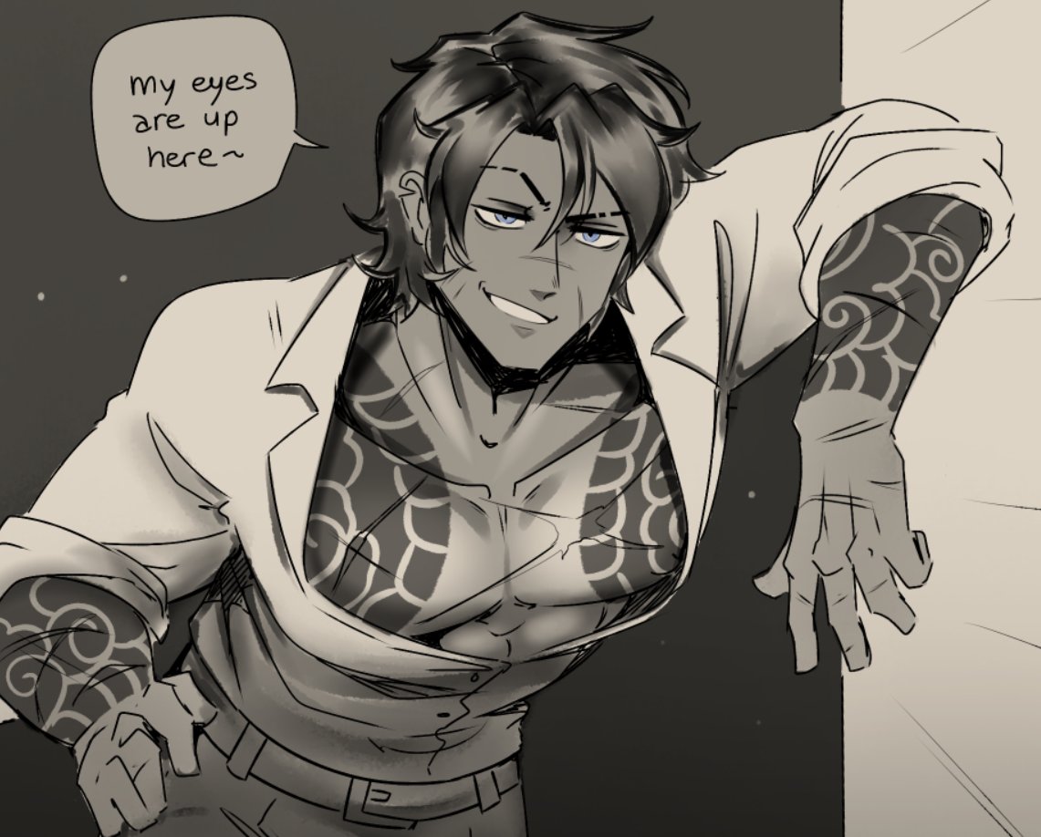 1boy, alluring, arm over shoulder, bara, bara tits, belt buckled, black and white, breasts, breasts out, cleavage focus, cursedxwt, dark-skinned male, dialogue, dialogue box, dress shirt, exposed breasts, flirting with viewer, gay, heathcliff (limbus company), irezumi, kurokumo clan, kurokumo clan (identity) (project moon), limbus company, male, male focus, male only, muscular, muscular male, no visible genitalia, opened shirt, project moon, provoking, safe for work, scruffy, seductive look, shirt open, smirking, smug male, solo, tattoo on chest, tattoos, teasing viewer, violet eyes, waow, yaoi