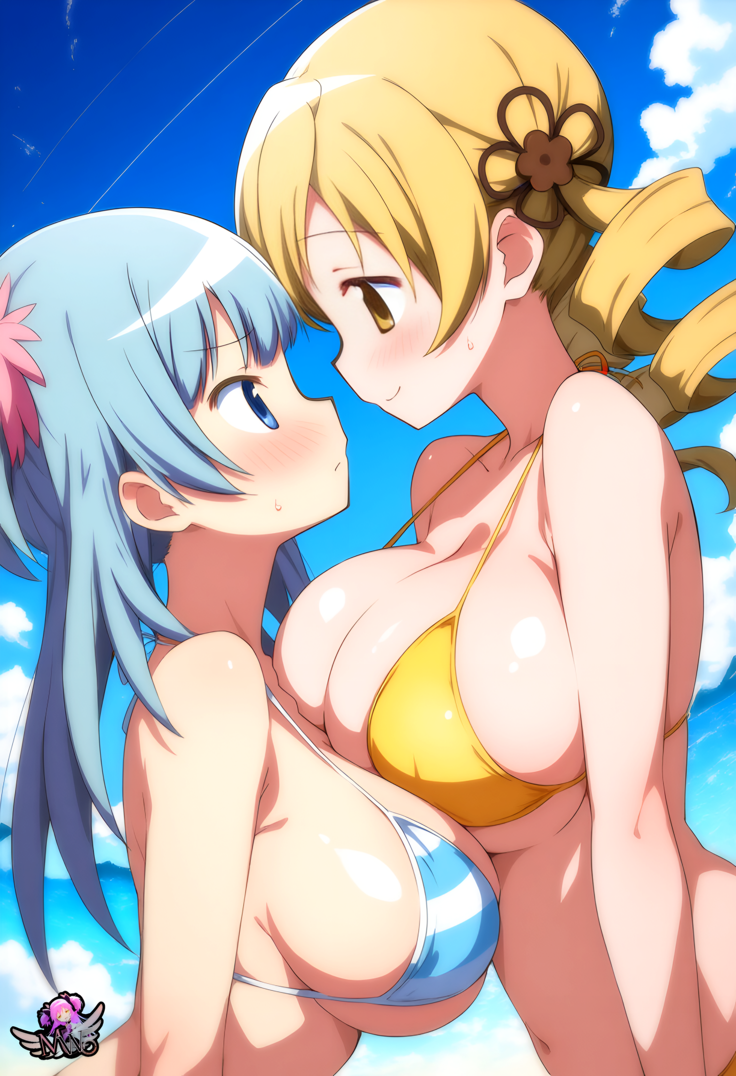 2025, 2girls, ai generated, artist logo, beach, big breasts, bikini, blue hair, blush, blush lines, blushing, breasts, curvaceous, curvy, curvy body, curvy female, curvy figure, drill hair, face to face, female, female only, hi res, huge boobs, huge breasts, human, human only, light skin, light-skinned female, madoka worship, magia record: mahou shoujo madoka magica gaiden, magical girl, mahou shoujo madoka magica, minami rena, nervous, outdoors, outercourse, puella magi madoka magica, sand, sea, seaside, swimsuit, tomoe mami, twin drills, twintails, voluptuous, voluptuous female, yellow eyes, yellow hair, young