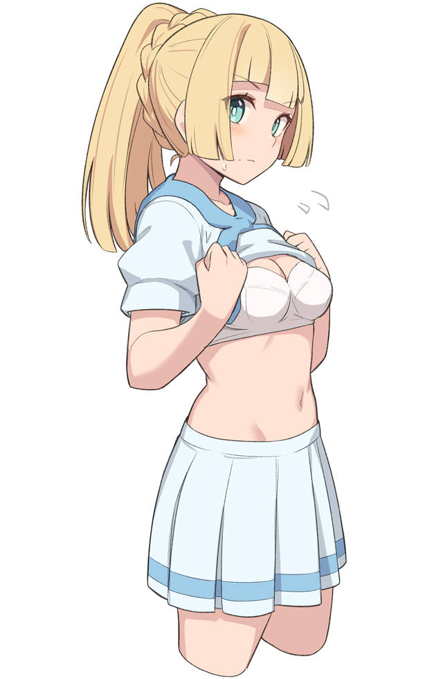 1girls, blonde hair, blonde-haired female, blush, bra, breasts, embarrassed, female, green eyes, hi res, lillie (pokemon), looking at viewer, medium hair, midriff, navel, nintendo, pleated skirt, pokemon, pokemon sm, ponytail, shirt lift, shiseki hirame, skirt, small breasts, solo