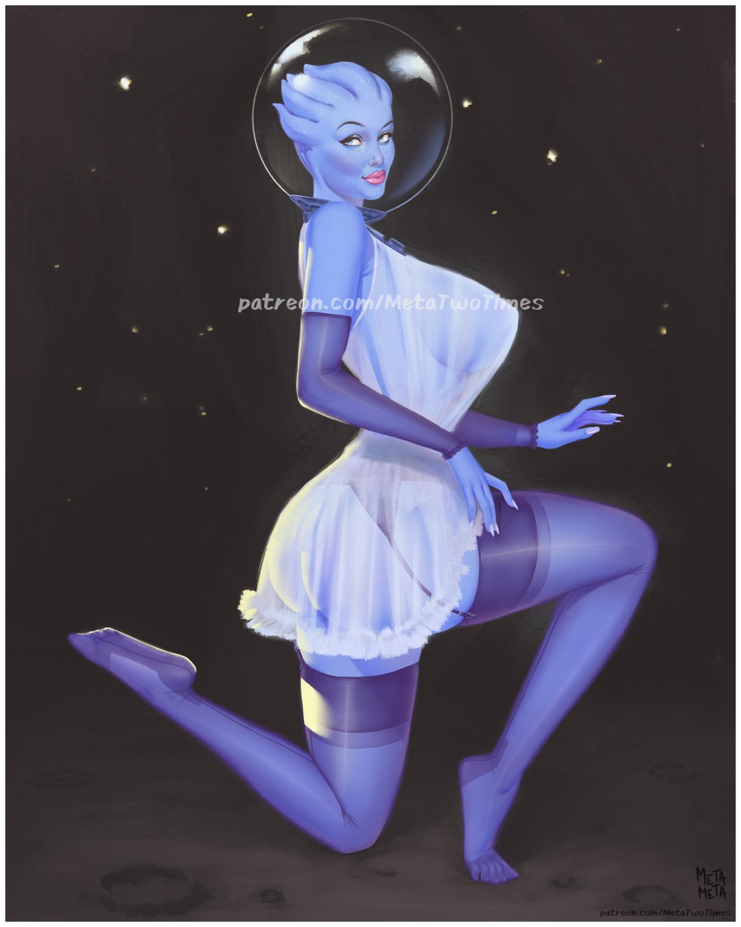 1girls, alien, asari, ass, big ass, big breasts, bioware, blue skin, breasts, clothing, female, female only, garter straps, helmet, large breasts, liara t'soni, mass effect, metameta/metatwotimes, nightgown, pinup, retro artstyle, retrofuturism, see-through, see-through clothing, solo, solo female, stockings, translucent clothing