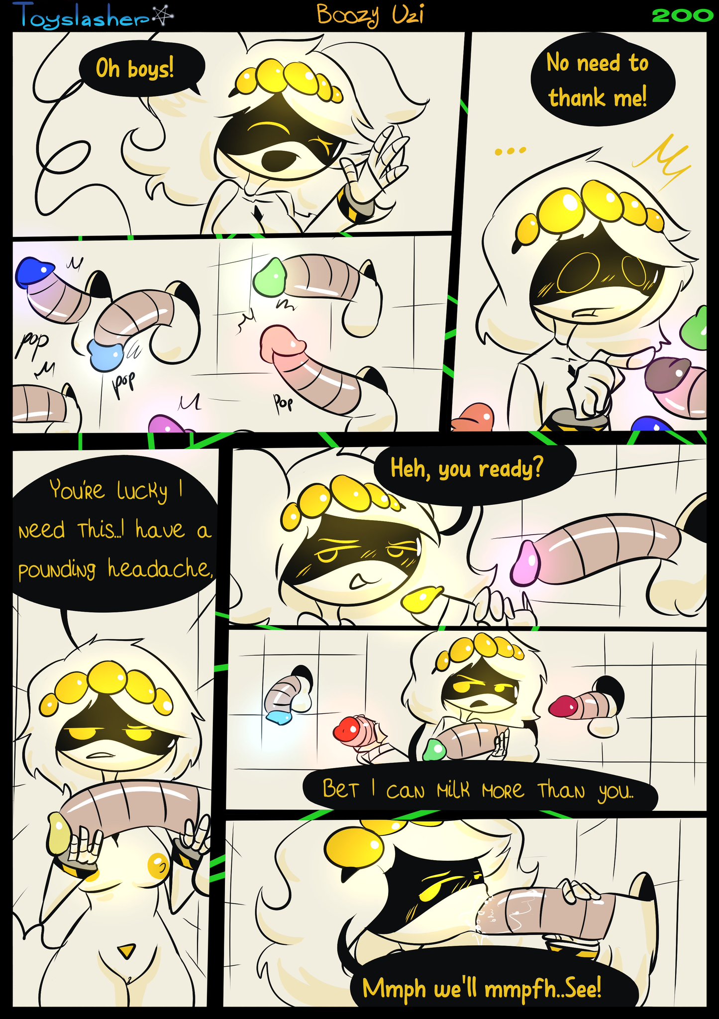 2d, 2girls, boozy uzi, breasts, comic, dialogue, english dialogue, english text, erect penis, erection, female, female focus, glans, j (murder drones), male, male/female, multiple boys, multiple females, multiple girls, multiple males, murder drones, nipples, page 200, penis, robot, robot boy, robot girl, robot humanoid, talking, text, toyslasher, v (murder drones)