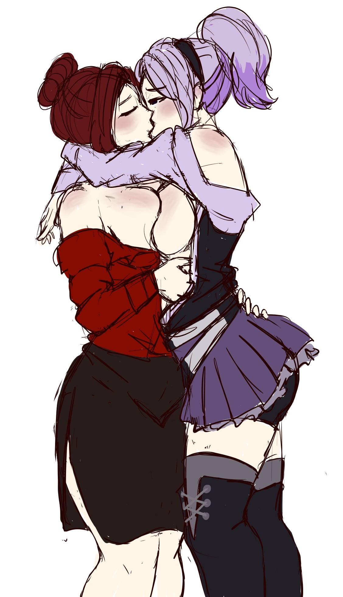 2025, 2d, 2girls, breasts, dbd, dead by daylight, deadlyurges, female, female focus, female only, lesbian kiss, lesbian sex, light skin, light-skinned female, partially clothed, purple hair, red hair, romantic, selfcest, tits, yun-jin lee, yuri
