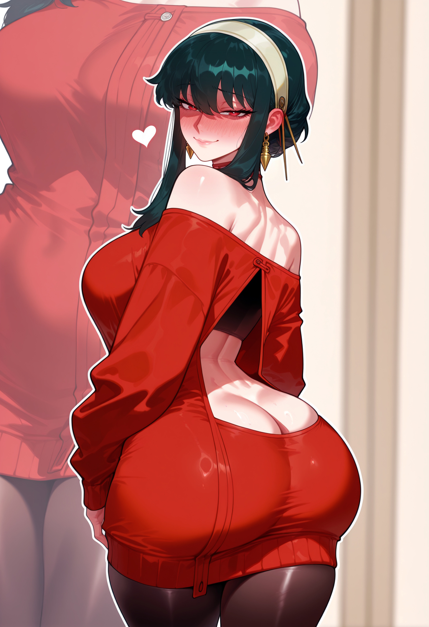 1girls, ai generated, ass, ass cleavage, ass crack, back, back cutout, backless outfit, balecxi, bangs, bare shoulders, black hair, black legwear, black pantyhose, blush, breasts, butt crack, cleavage, closed mouth, clothing, clothing cutout, curvaceous, curvaceous female, curvaceous figure, curvy, curvy figure, dress, earrings, female, female focus, female only, from behind, gold earrings, hairband, headwear, heart, huge ass, huge breasts, indoors, inviting, inviting to sex, jewelry, large breasts, legwear, light skin, light-skinned female, long hair, long sleeves, looking at viewer, looking back, off shoulder, off-shoulder sweater, pantyhose, presenting, presenting ass, presenting hindquarters, presenting self, red dress, red eyes, red sweater, ribbed sweater, seductive, seductive look, seductive smile, sideboob, sidelocks, smile, solo, spy x family, standing, sweater, sweater dress, thick thighs, thighs, turtleneck, turtleneck sweater, voluptuous, voluptuous female, white hairband, wide hips, yor briar, yor forger