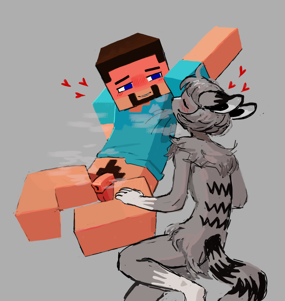 blue_eyes blush canine cyan_shirt gray_fur male_focus minecraft no_pants penis sniffing sniffing_armpit steve_(minecraft) worm_(artist)