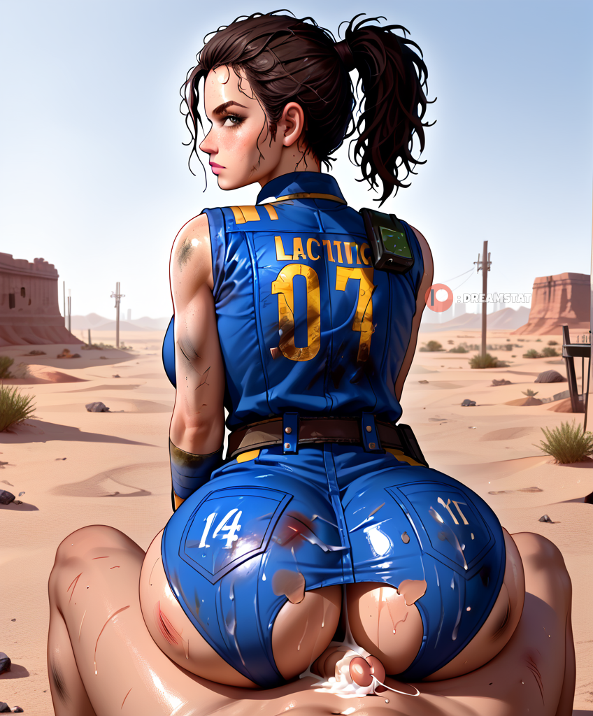 1boy after_sex ai_assisted ai_generated artist_request ass belt blue_eyes breasts brown_hair buttjob clothed_female_nude_male clothed_sex cowgirl_position cum cum_on_ass cum_on_clothes day desert dirty fallout female from_behind hair_pulled_back large_breasts lips looking_at_viewer looking_back nose nude outdoors penis ponytail pov reverse_cowgirl_position shorts sleeveless solo_focus straddling straight sweat tagme torn_clothes uncensored