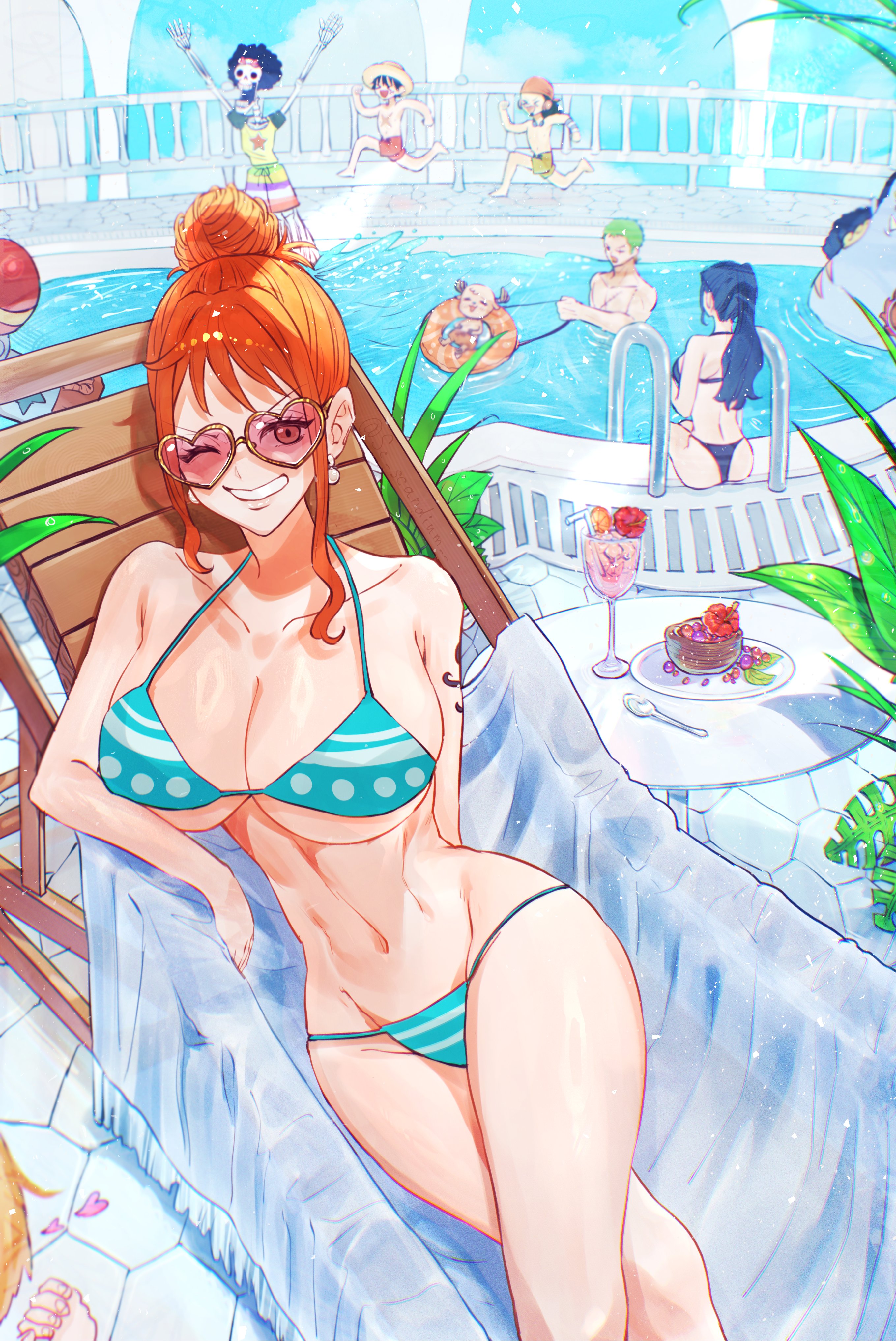 2girls, arm tattoo, big breasts, bikini, bikini bottom, bikini top, black hair, black-haired female, black-haired male, blonde hair, blonde-haired male, blue tattoo, breasts, brook (one piece), brown eyes, cleavage, collarbone, curvaceous, curvy, curvy female, curvy figure, earrings, female, female focus, fit, fit female, franky, green hair, green-haired male, heart-shaped sunglasses, hourglass figure, huge breasts, jinbe, large breasts, looking at viewer, lying, male, midriff, monkey d luffy, multiple boys, multiple females, multiple girls, multiple males, nami (one piece), navel, nico robin, one eye closed, one piece, orange hair, orange-haired female, pool, poolside, post-timeskip, roronoa zoro, sc scandium, slim waist, smile, sunglasses, swimwear, tattoo, thick thighs, thighs, thin waist, tied hair, tinted eyewear, tony tony chopper, usopp, vinsmoke sanji, voluptuous, wide hips