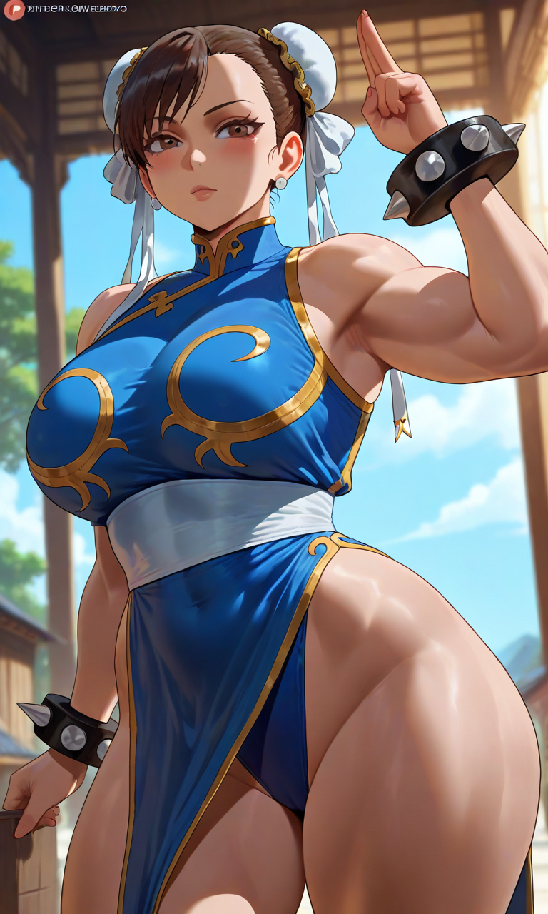 ai generated, bigbizarts, breasts, chun-li, curvy, female, large breasts, light skin, light-skinned female, looking at viewer, muscular, muscular arms, muscular female, sleeveless, street fighter, thick thighs, underwear