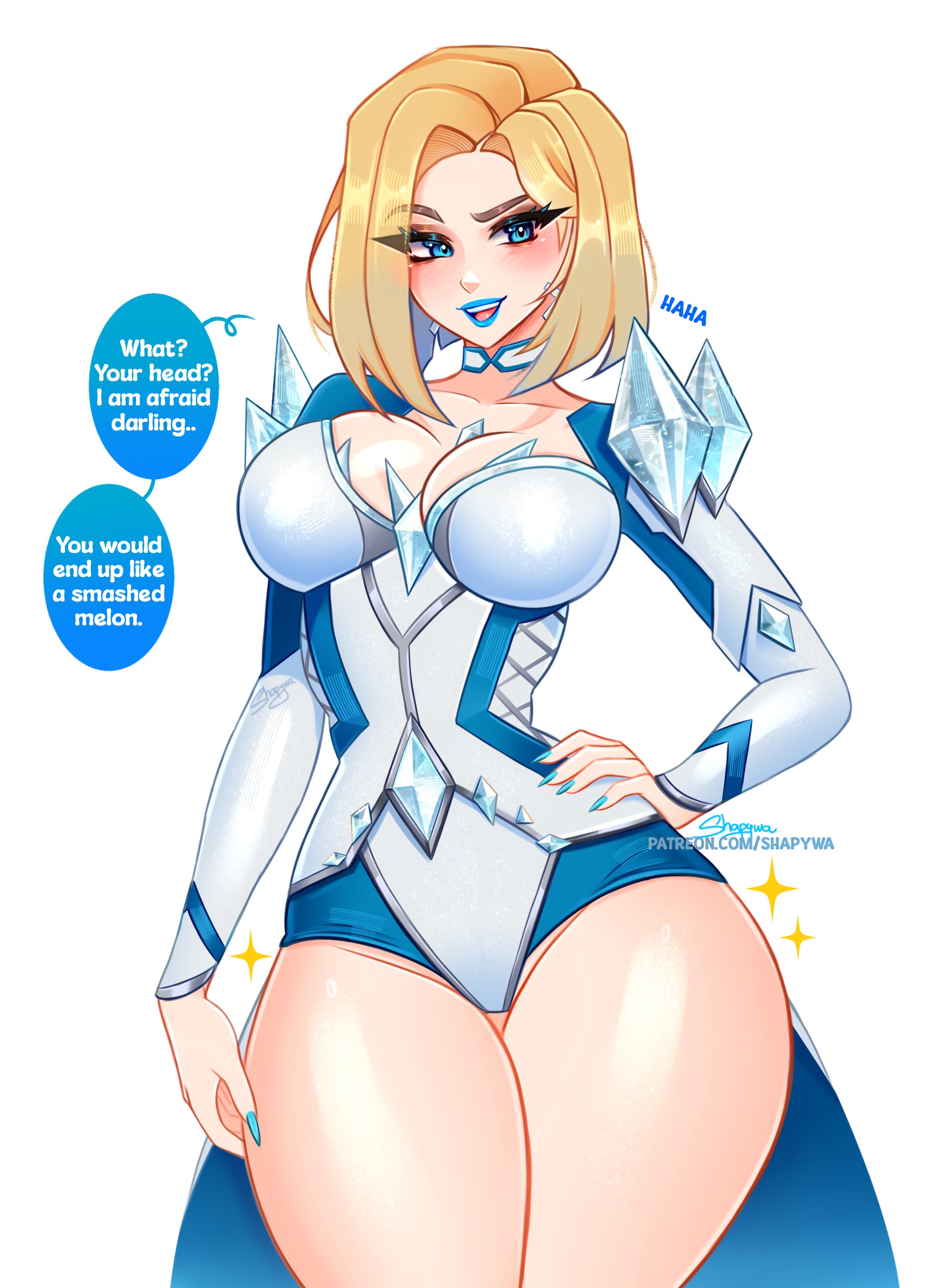 1girls, 2d, absurd res, alternate version available, big breasts, blonde female, blonde hair, blue lipstick, blue nails, bob cut, breasts, cleavage, digital media, emma frost, emma frost (marvel rivals), english text, female, female only, fully clothed, hi res, large breasts, light skin, light-skinned female, looking at viewer, marvel, marvel comics, marvel rivals, shapywa, solo, text, thick thighs, thighs, wide hips, x-men