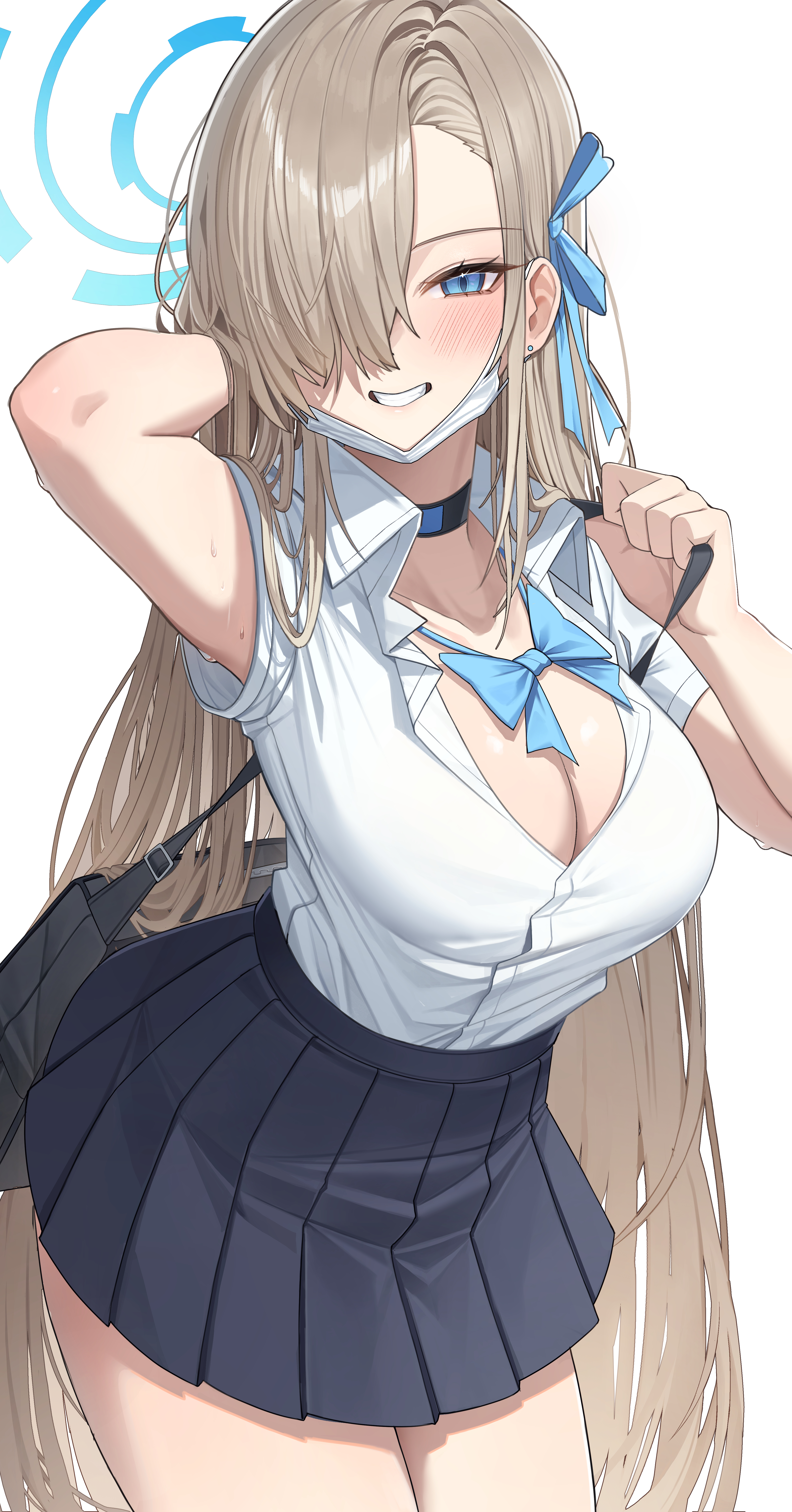 1girls, absurdres, arm behind head, asuna (blue archive), asuna (school uniform) (blue archive), bag, blue archive, blue bow, blue bowtie, blue eyes, blue halo, blush, bow, bowtie, breasts, choker, cleavage, female, grin, hair over one eye, halo, highres, large breasts, long bangs, long hair, looking at viewer, miniskirt, pang-yo, school bag, school uniform, shirt, simple background, skirt, smile, solo, very long hair, white background, white shirt