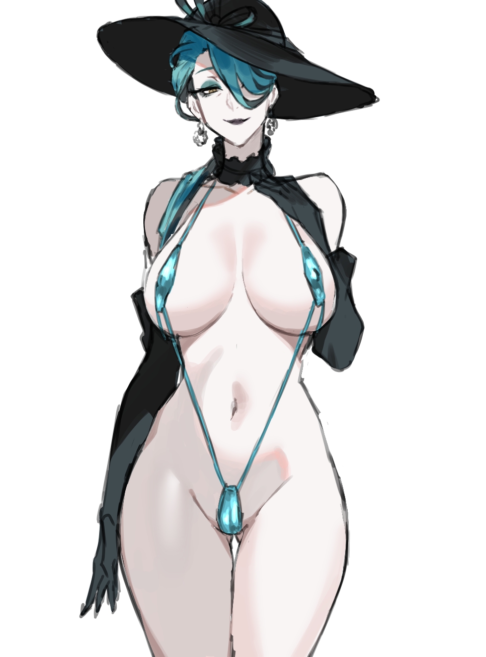 black elbow gloves, blue eyeshadow, blue hair, blue lipstick, blue makeup, blue sling bikini, choker, earrings, elbow gloves, eyeshadow, female, female only, frilled choker, georgina leech, hat, human, lipstick, makeup, milf, older female, sling bikini, twisted wonderland, ukimukai, white skin, wide brim hat