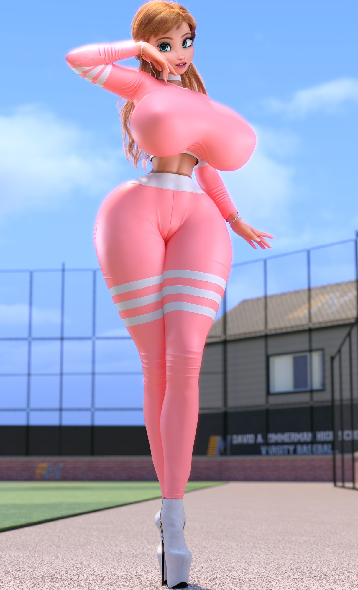 3d, aged up, anna (frozen), auburn hair, bimbo, bimbofied, bodysuit, bracelet, breasts, choker, clothing, female, frozen (film), fully clothed, heels, high heels, huge breasts, huge hips, large breasts, midriff, nipple bulge, outside, pink bodysuit, pink clothing, pussy, pussy outline, ruidx, solo, solo female, sportswear, thick thighs, thighs, tight clothing, wide hips