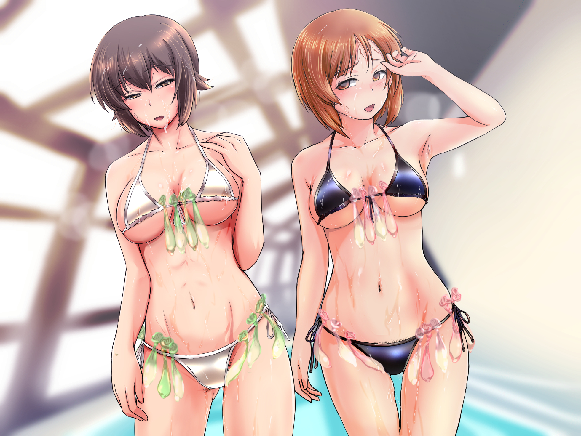 2d, 2girls, bikini, breasts, condom, female, female pubic hair, girls und panzer, hanazono room, kabutowari, large breasts, nishizumi maho, nishizumi miho, prostitute, prostitution, pubic hair, pubic hair peek, short hair, sisters, sluts, used condom