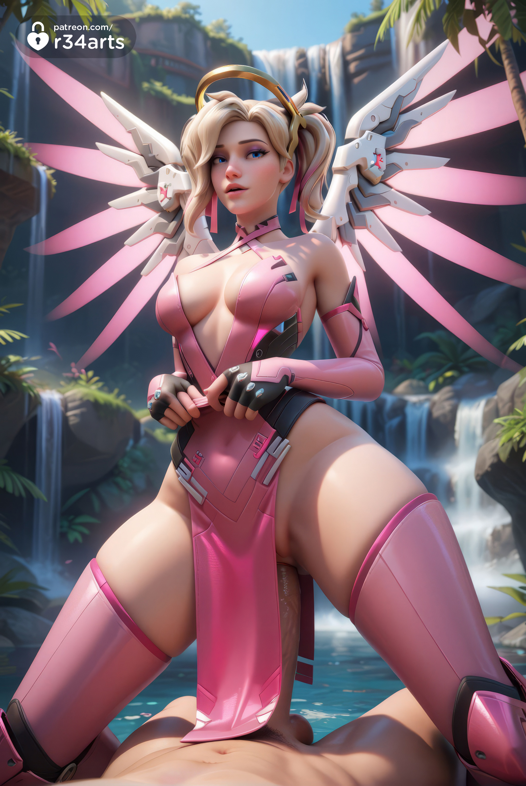 1boy, 1girls, ai generated, angela ziegler, artist name, bare shoulders, blizzard entertainment, blonde hair, blue eyes, breasts, cowgirl position, criss-cross halter, dress, elbow gloves, erection, female, fingerless gloves, gloves, halo, halterneck, hi res, large penis, lips, looking at viewer, lying, male, mechanical halo, mechanical wings, medium breasts, mercy, no panties, nose, official alternate costume, on back, outdoors, overwatch, overwatch 2, parted lips, patreon logo, patreon username, pelvic curtain, penis, pink dress, pink gloves, pink mercy, pink ribbon, pink thighhighs, pussy, r34arts, sex, solo focus, straddling, straight, thighhighs, twintails, vaginal penetration, vaginal sex, water, waterfall, watermark, web address, wings