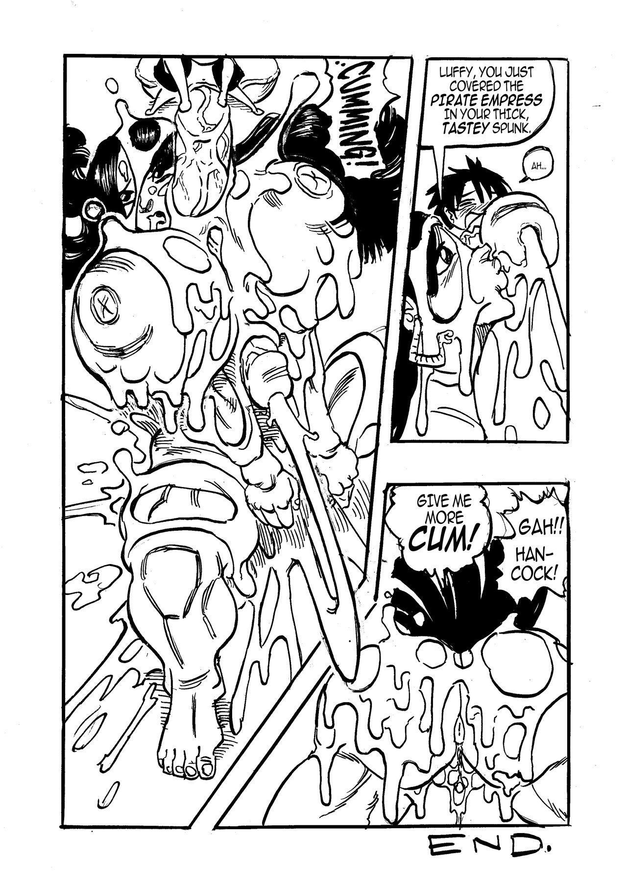 ass, big breasts, big penis, black and white, boa hancock, breasts, comic, comic page, cum, cum drip, cum on body, cum on breasts, curvy female, curvy figure, dialogue, fat ass, female, full lips, goudadunn, huge breasts, huge cock, kissing penis, large penis, male, monkey d luffy, nipples, one piece, penis, text, veiny penis