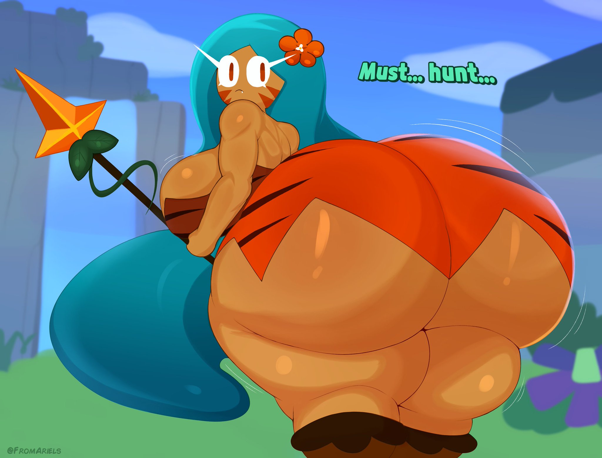 1girls, ass, ass bigger than head, big ass, big breasts, blue hair, breasts, breasts bigger than head, brown body, cookie run, cookie run kingdom, curvaceous, curvy, curvy body, curvy female, curvy figure, fat ass, female, female focus, female only, fromariels, huge ass, huge breasts, huge thighs, hyper ass, large ass, large breasts, long hair, looking at viewer, massive ass, solo, thick thighs, thighs, thunder thighs, tiger lily cookie, voluptuous, voluptuous female