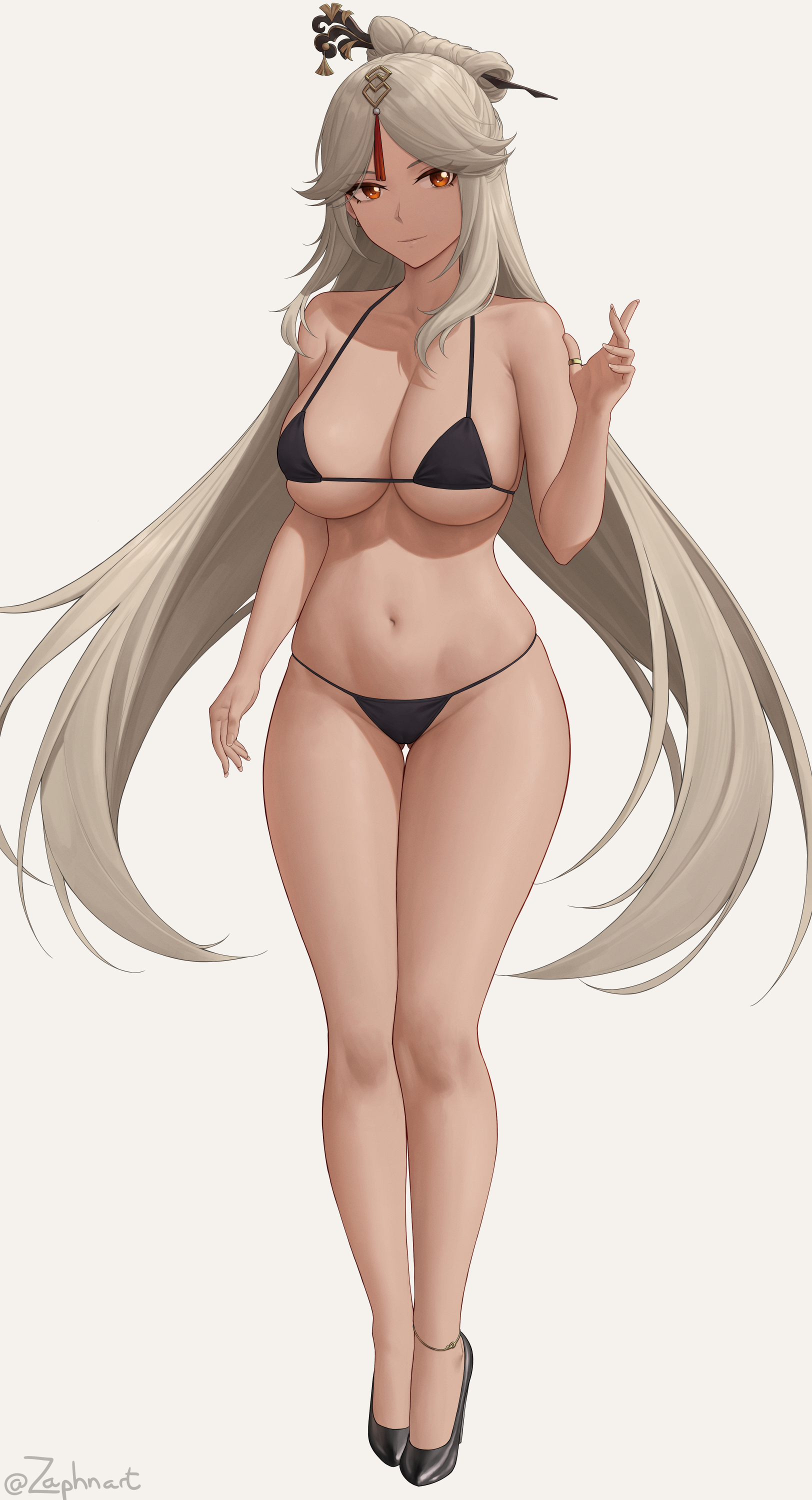 1girls, 2022, bikini, black bikini, breasts, female, female only, genshin impact, hair ornament, hair stick, hi res, hips, huge breasts, long hair, long legs, ningguang (genshin impact), red eyes, slim waist, thick thighs, thighs, white hair, wide hips, zaphn