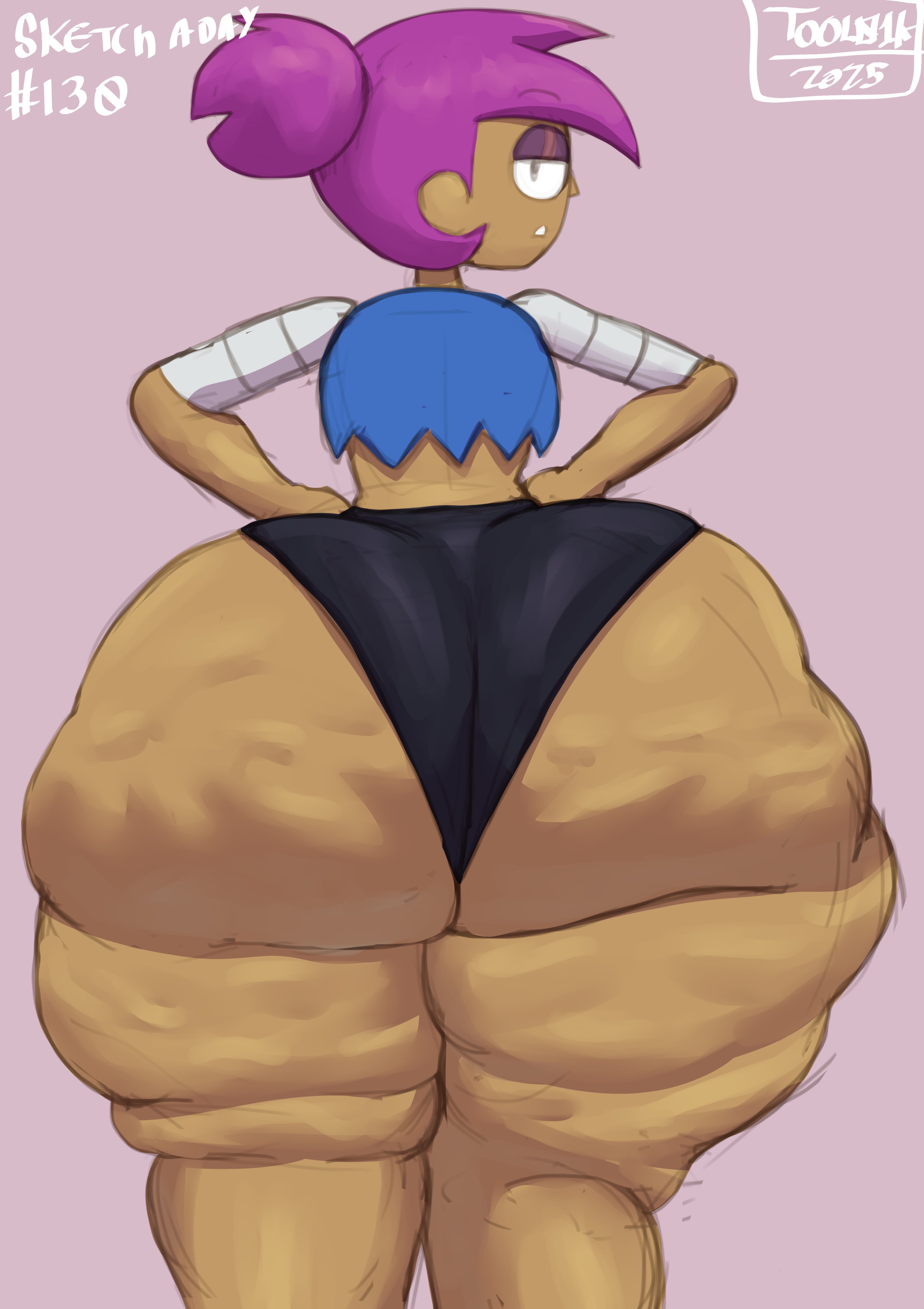 1girls, ass, ass bigger than head, ass bigger than torso, big ass, bottom heavy, bubble ass, bubble butt, clothing, dark skin, dark-skinned female, enid, fat ass, female, female only, gluteal fold, hands on hips, huge ass, hyper, hyper ass, large ass, looking at viewer, looking back, massive ass, ok k.o.! let's be heroes, purple hair, shirt, shorts, solo, thick ass, thick thighs, thunder thighs, tool01k, wide hips