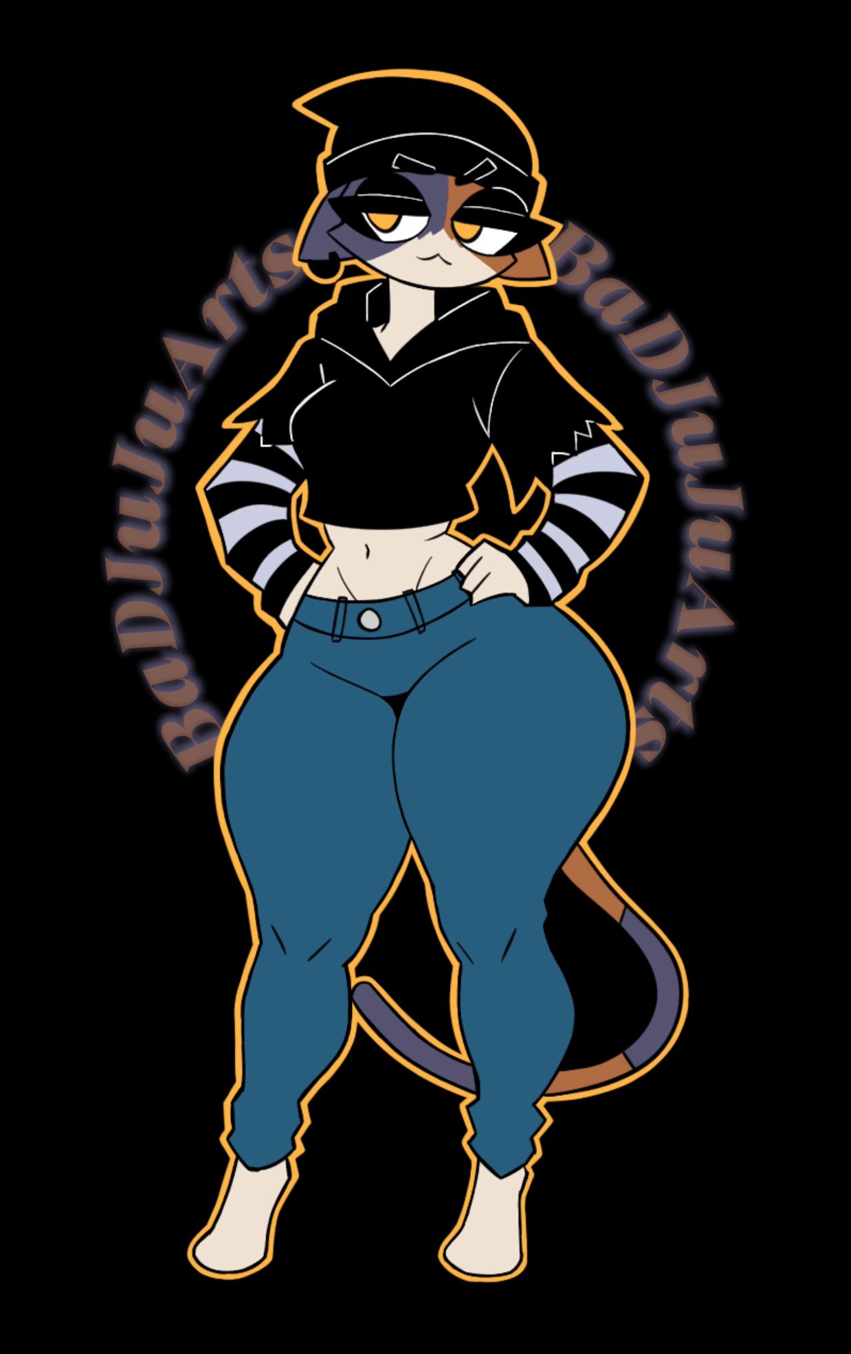 1girls, 2d, anthro, ass, badjujuarts, beanie, black eyeshadow, breasts, calico cat, cat ears, cat girl, cat tail, catgirl, clothed, ear piercing, epic games, feline, female, female only, fortnite, fortnite: battle royale, furry, furry female, goth, hands on hips, hat, huge ass, jeans, looking away, meow skulls (fortnite), piercing, solo, solo female, standing, tail, thick, thick ass, thick thighs, watermark, yellow eyes