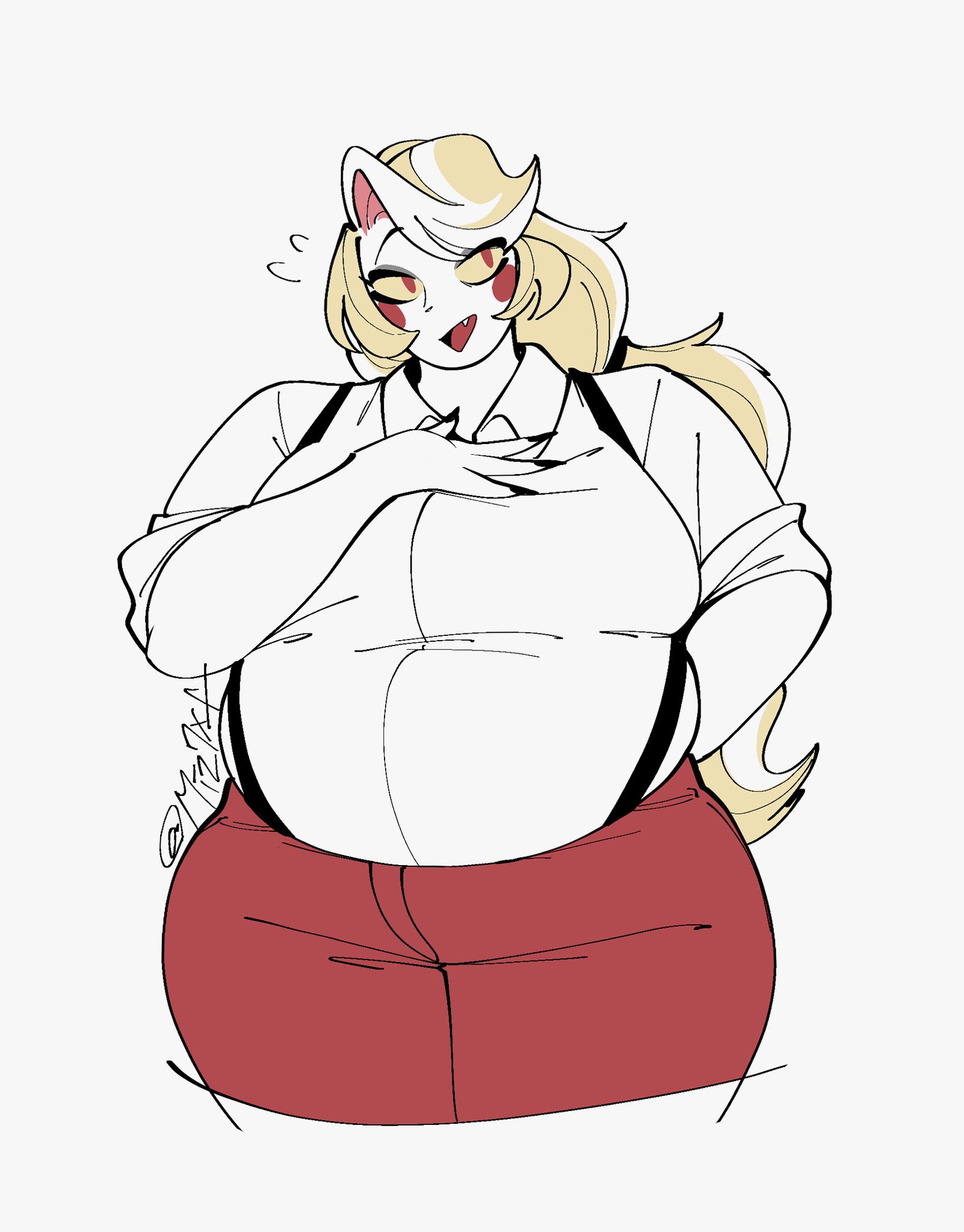 1girls, 2d, ass, bbw, big breasts, big thighs, blonde hair, breasts, charlie morningstar (hazbin hotel), chubby, chubby female, digital media, fat, fat ass, fat female, fat thighs, female, female only, hand on breast, hand on chest, hazbin hotel, huge thighs, miz7xf, obese, overweight, solo, suspenders, sweat, sweatdrop, thick thighs, thighs, tight clothing, vivienne medrano, wide hips