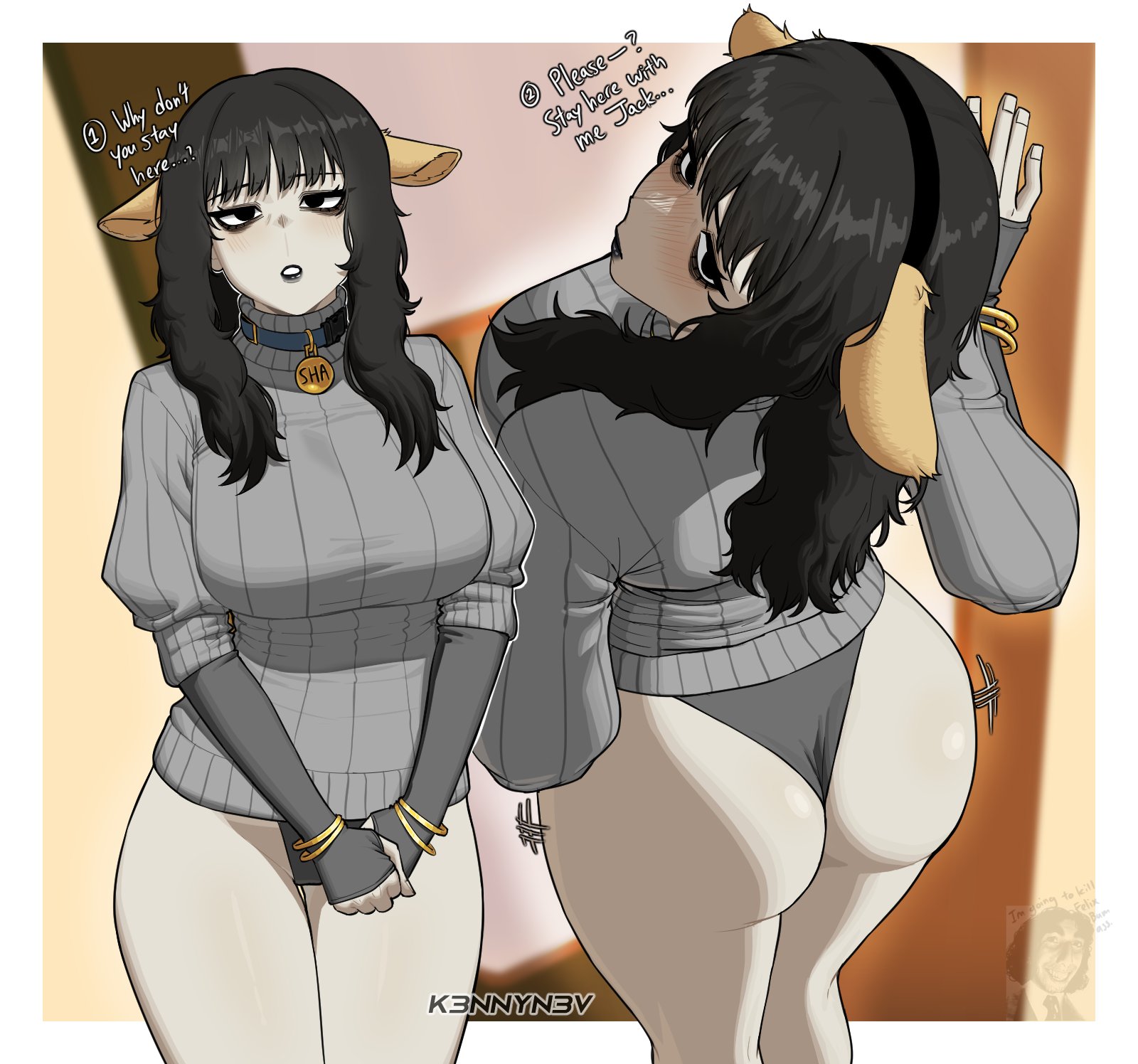 ass, big breasts, black hair, breasts, choker, k3nnyn3v, milf, panties, rosemary walten, sha (the walten files), sheep ears, sweater, the walten files, thick ass, thick thighs, tight clothing, underwear