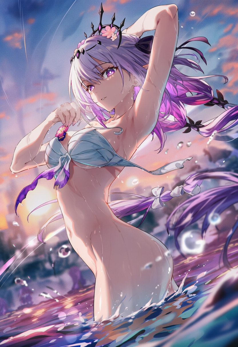 1girls, ai generated, armpit, bikini top, bottomless, castorice (honkai: star rail), female, female only, honkai: star rail, one arm up, purple eyes, raaicave, sky background, sunset, water background