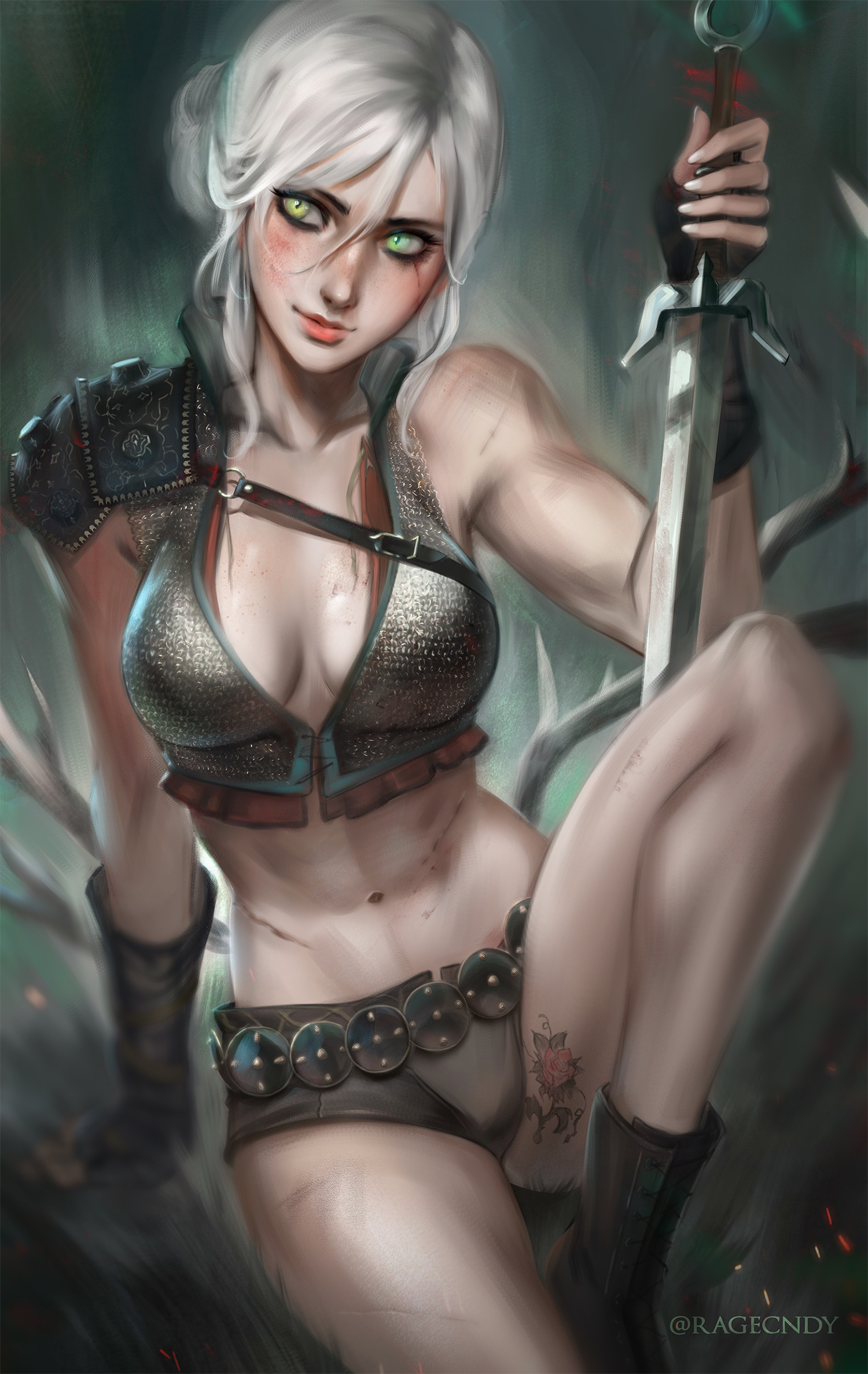 1girls, 2d, belly, belly button, big breasts, blade, breasts, busty, cd projekt red, ciri, cleavage, female, female only, green eyes, large breasts, light skin, light-skinned female, ragecndy, scar, scar on face, scarred, scarred face, scars, silver hair, solo, solo female, sword, tattoo, the witcher (series), the witcher 3: wild hunt, tummy, warrior, weapon, white hair